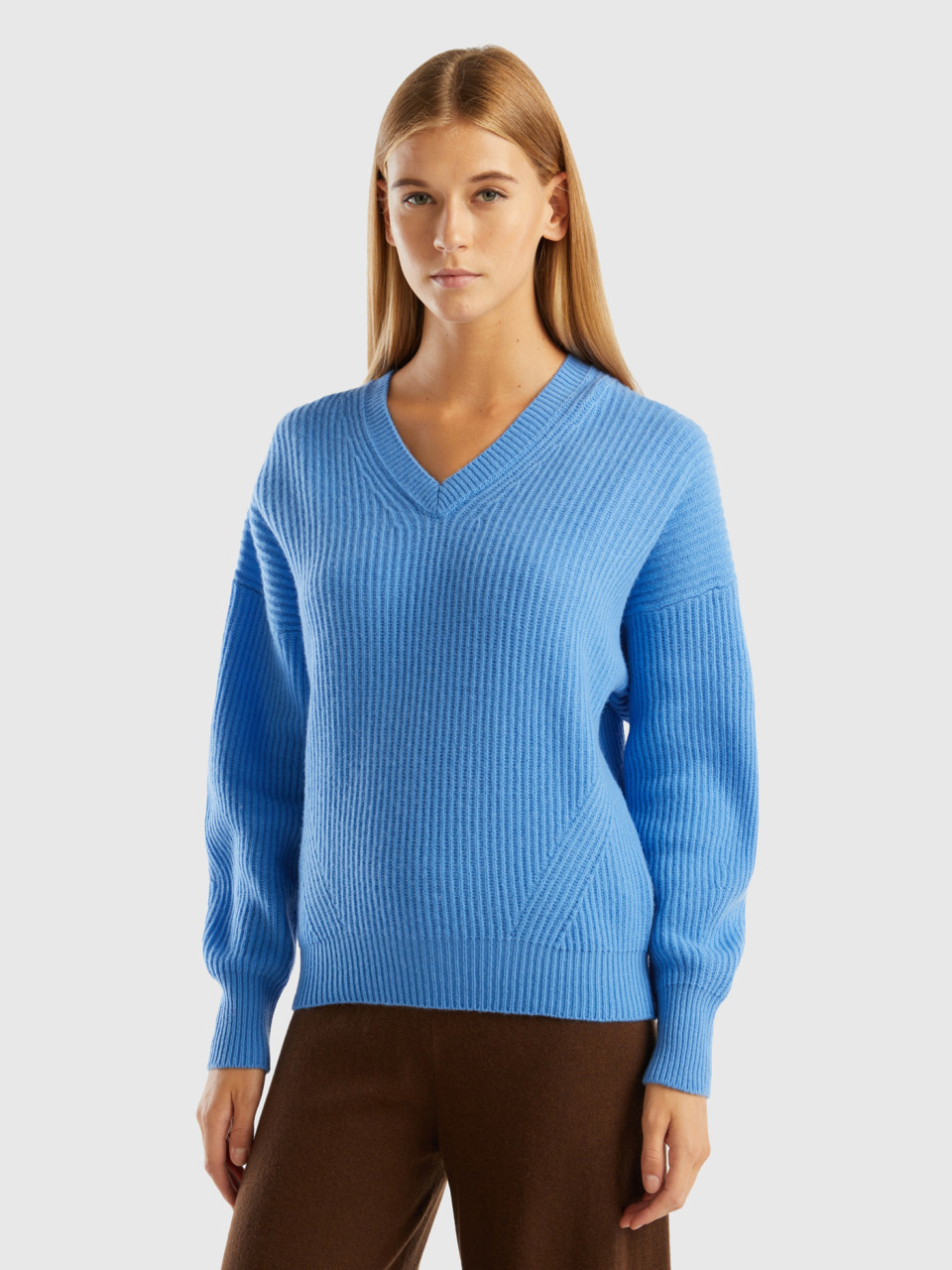 Benetton, Soft Sweater With V-neck, Light Blue, Women
