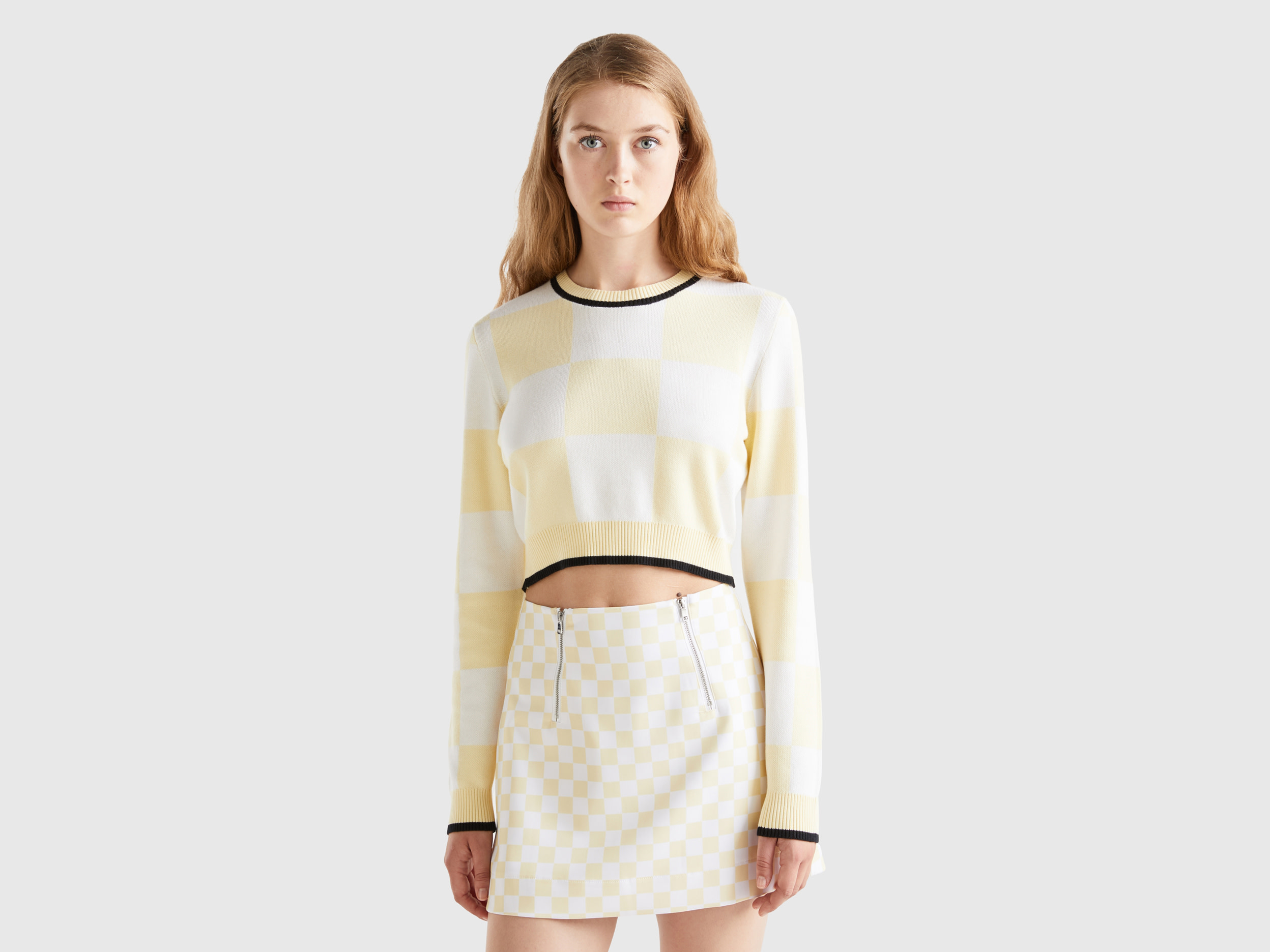 Benetton, Cropped Checkered Sweater, size M, Yellow, Women