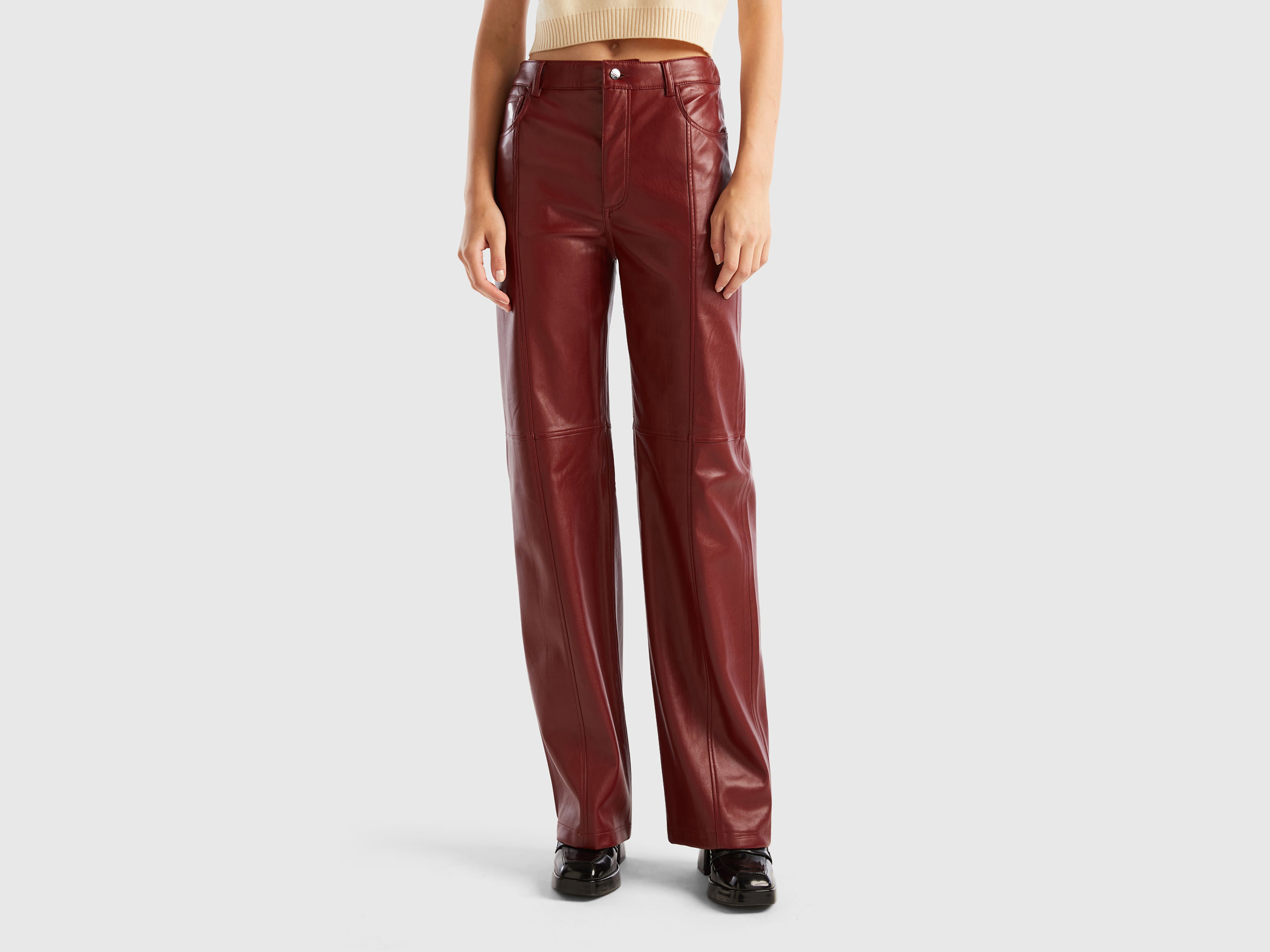 Benetton, Trousers In Imitation Leather Fabric, size 14, Burgundy, Women