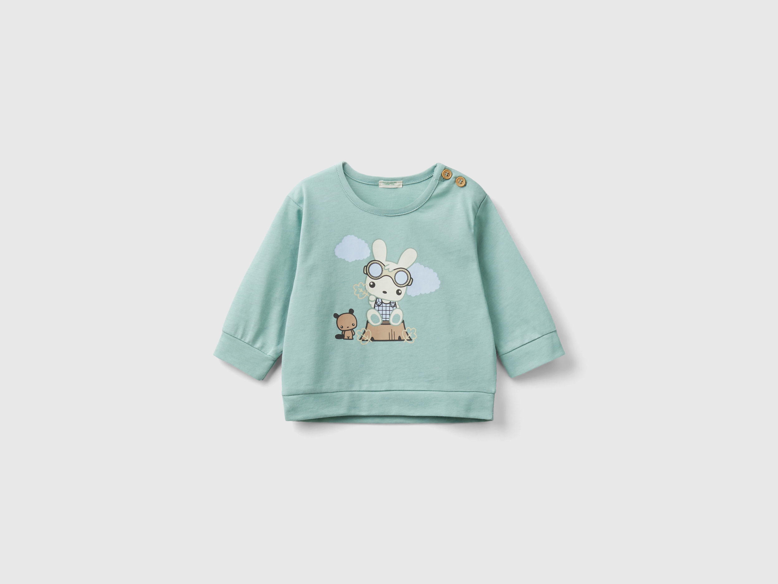 Benetton, Warm T-shirt With Bunny Print, size 9-12, Aqua, Kids