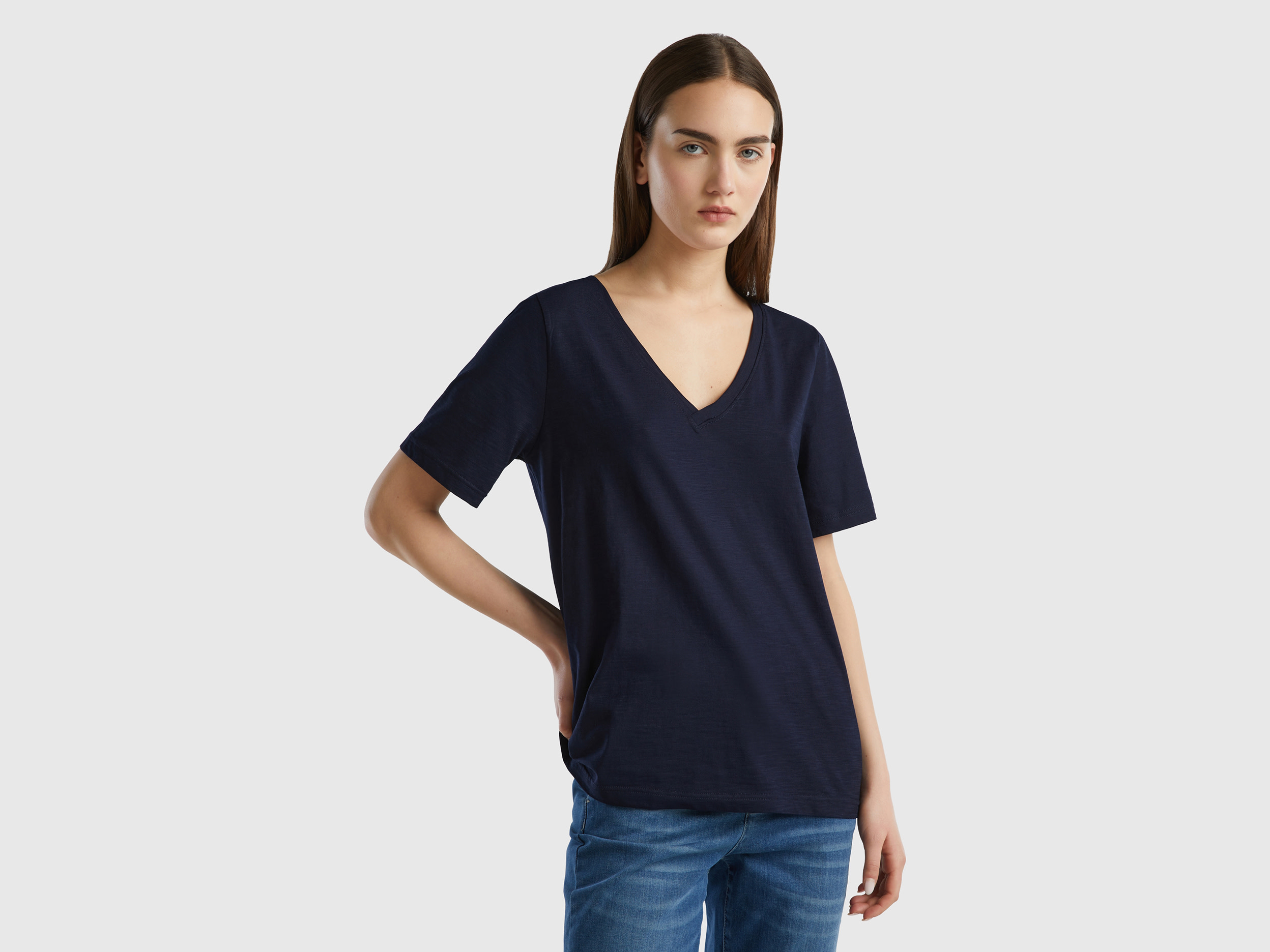 Benetton, V-neck T-shirt In Slub Cotton, size M, Dark Blue, Women
