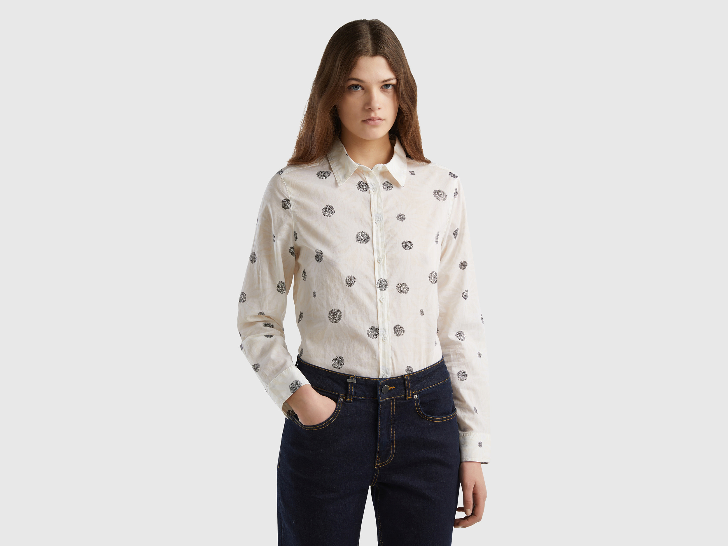 Benetton, 100% Cotton Patterned Shirt, size M, Beige, Women