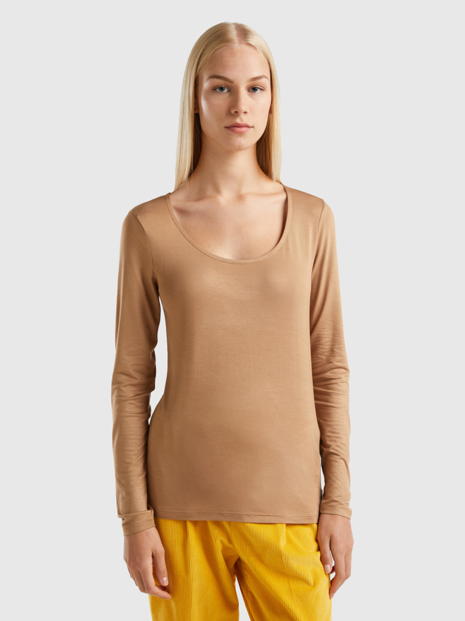 Benetton, T-shirt In Sustainable Stretch Viscose, Camel, Women