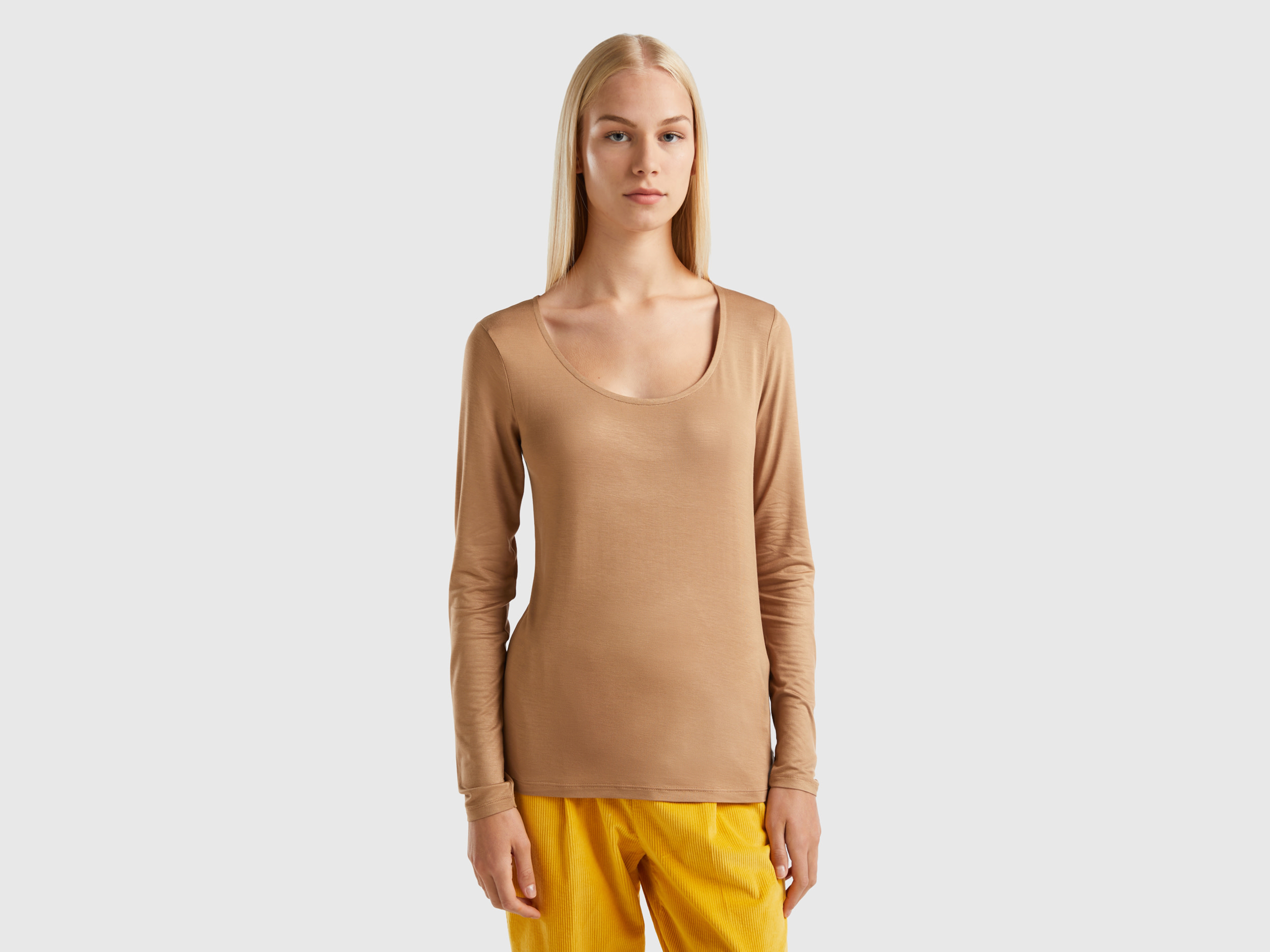 Benetton, T-shirt In Sustainable Stretch Viscose, size S, Camel, Women