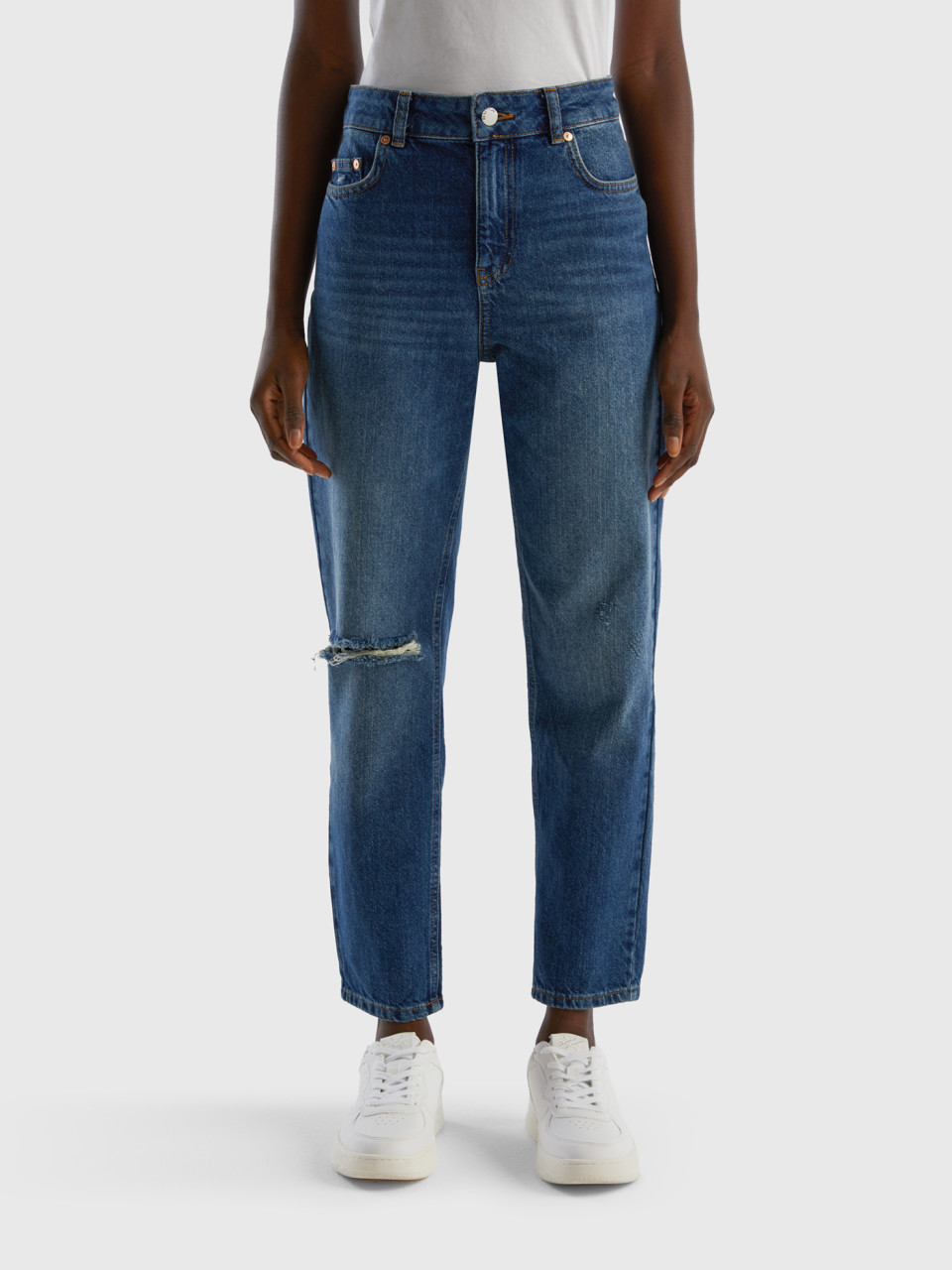 Benetton, Jeans Cropped Taille Haute, Bleu Foncé, Femme