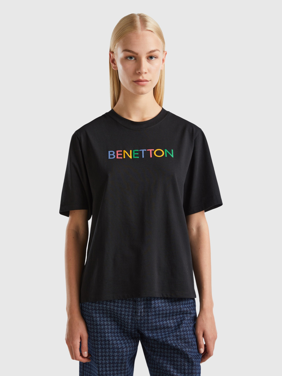 Benetton, T-shirt With Logo Text, Black, Women
