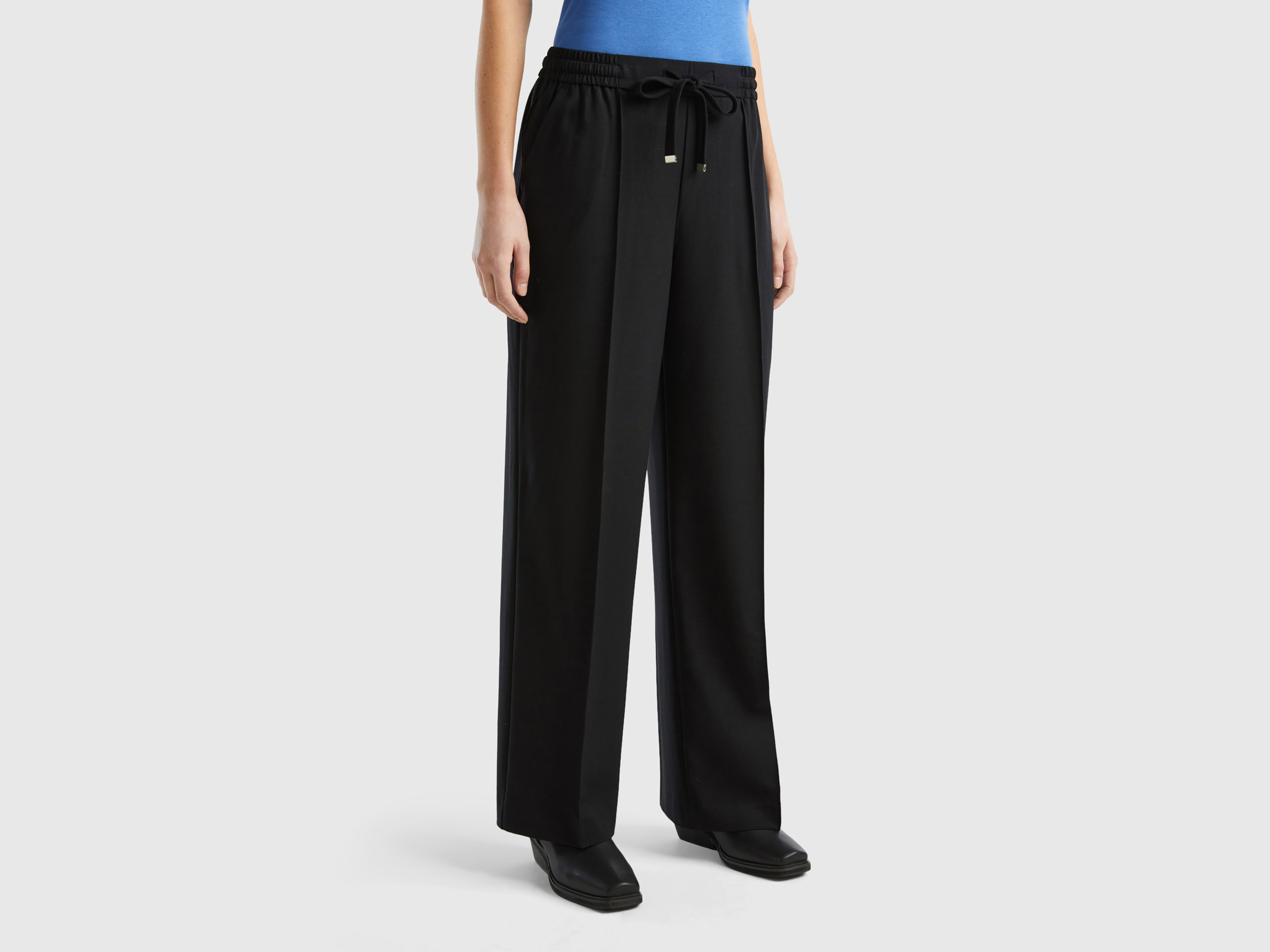 Benetton, Flowy Trousers With Drawstring, size L, Black, Women