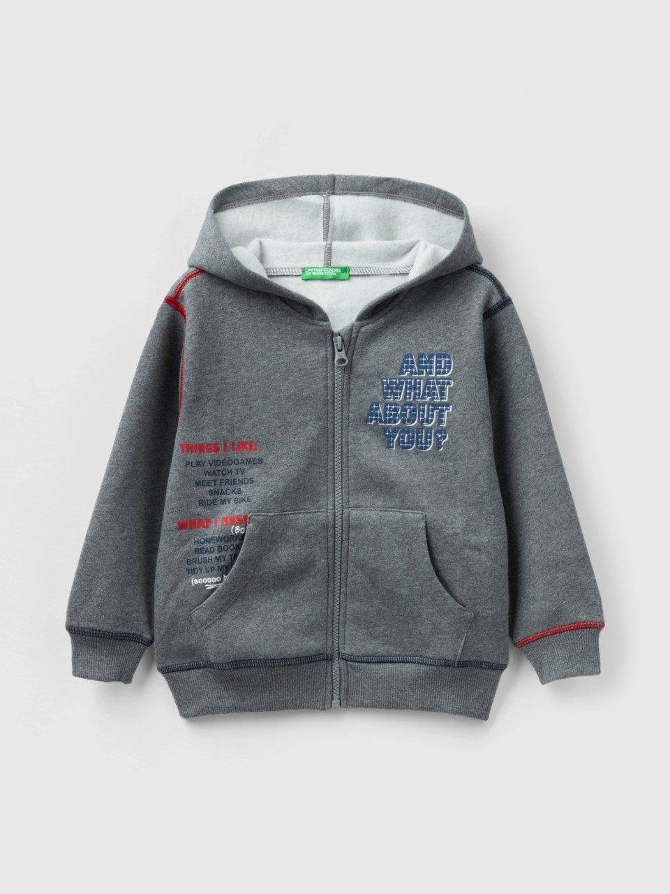 Benetton, Oversized Sweatshirt With Hood And Print, Dark Gray, Kids