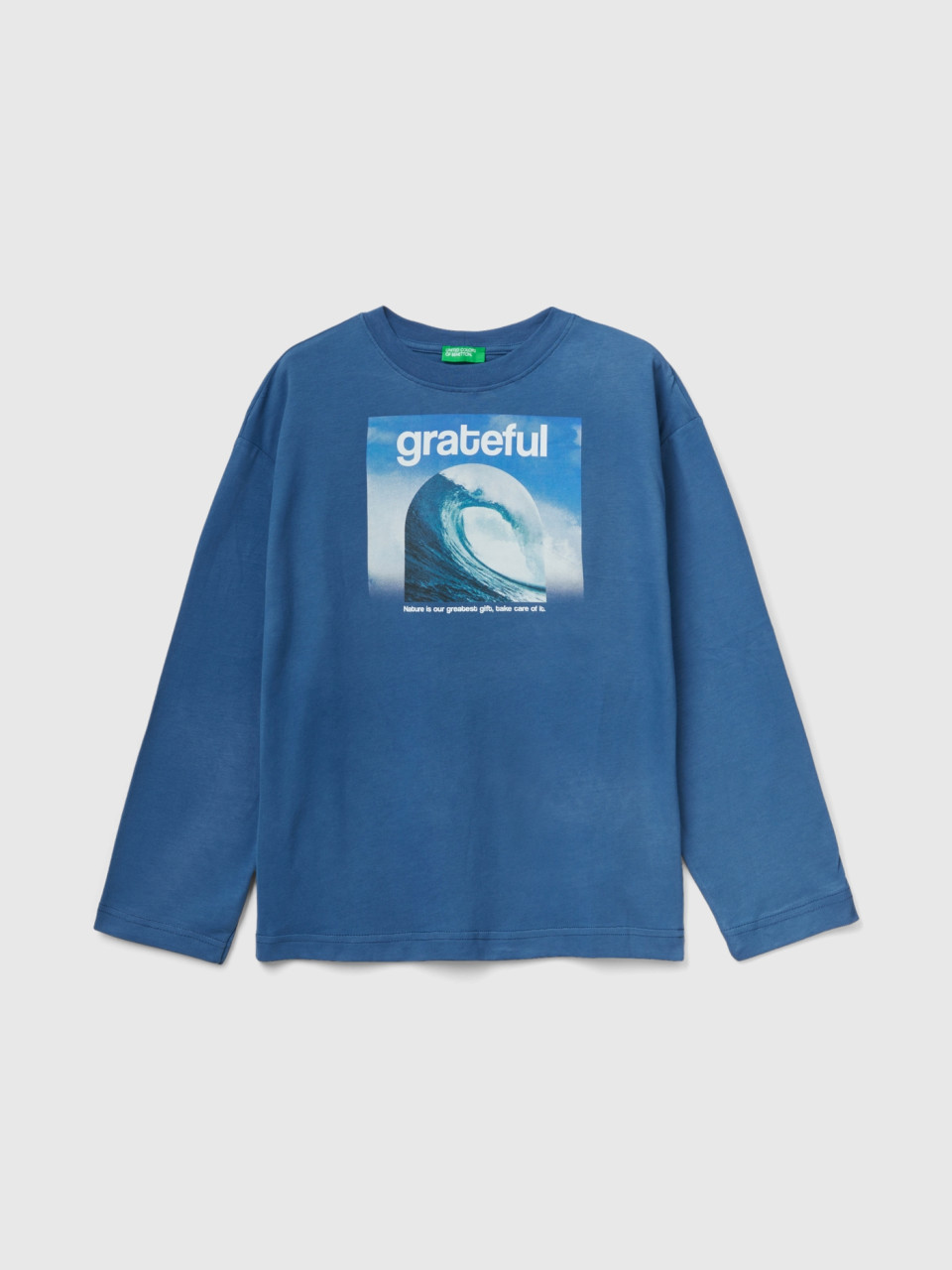 Benetton, T-shirt En Coton Chaud À Imprimé, Bleu Horizon, Enfants