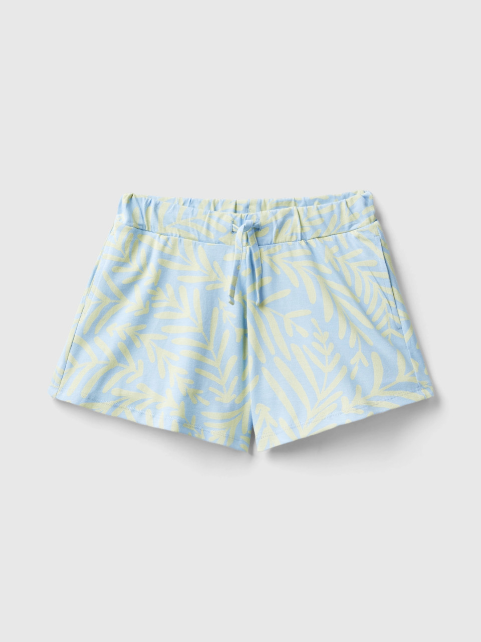 Benetton, Light Blue Shorts With Tropical Print, Sky Blue, Kids
