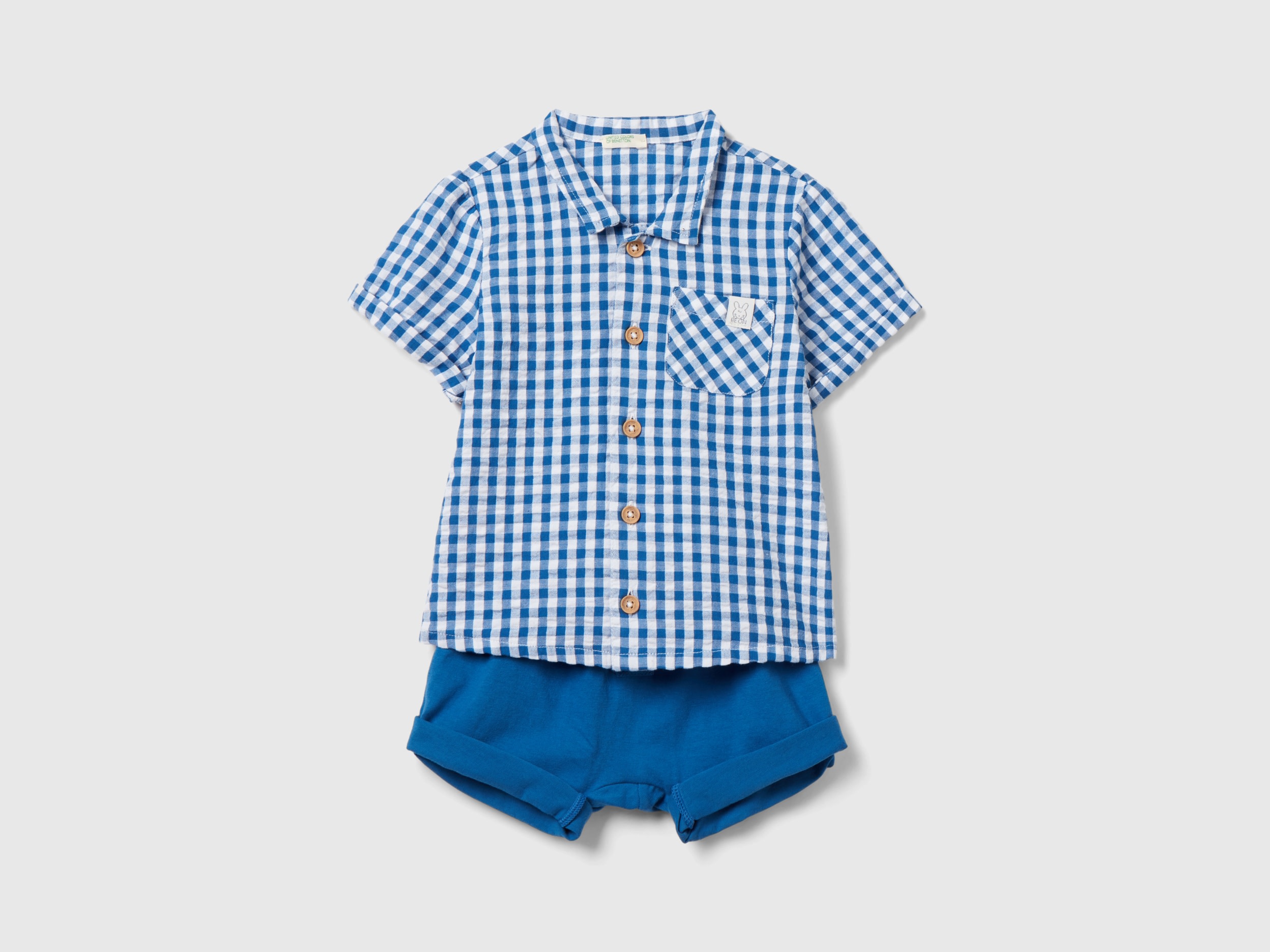 Benetton, Completo Camicia E Shorts, Blu, Bambini