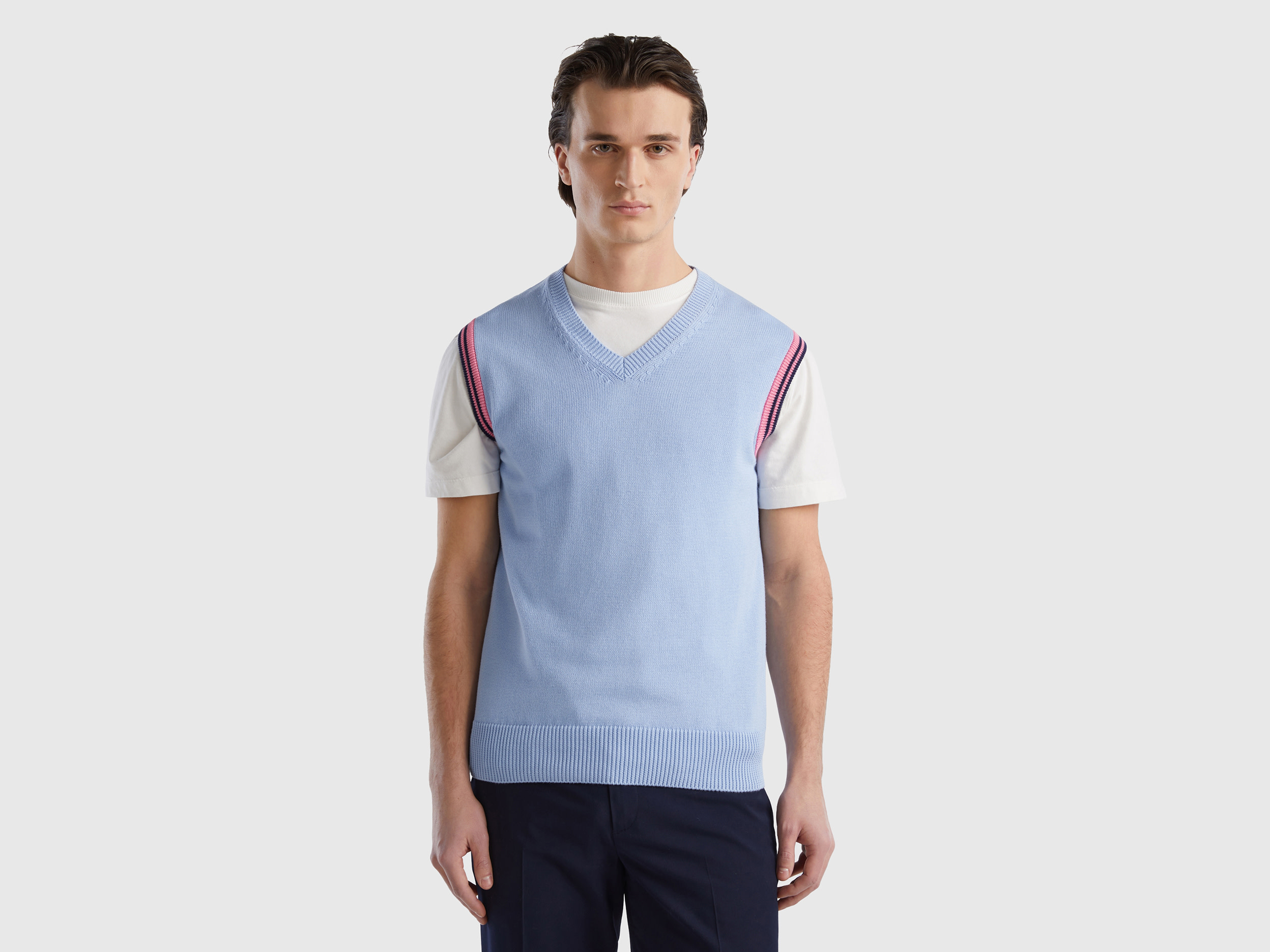 Benetton, Regular Fit Vest In 100% Cotton, size XL, Sky Blue, Men