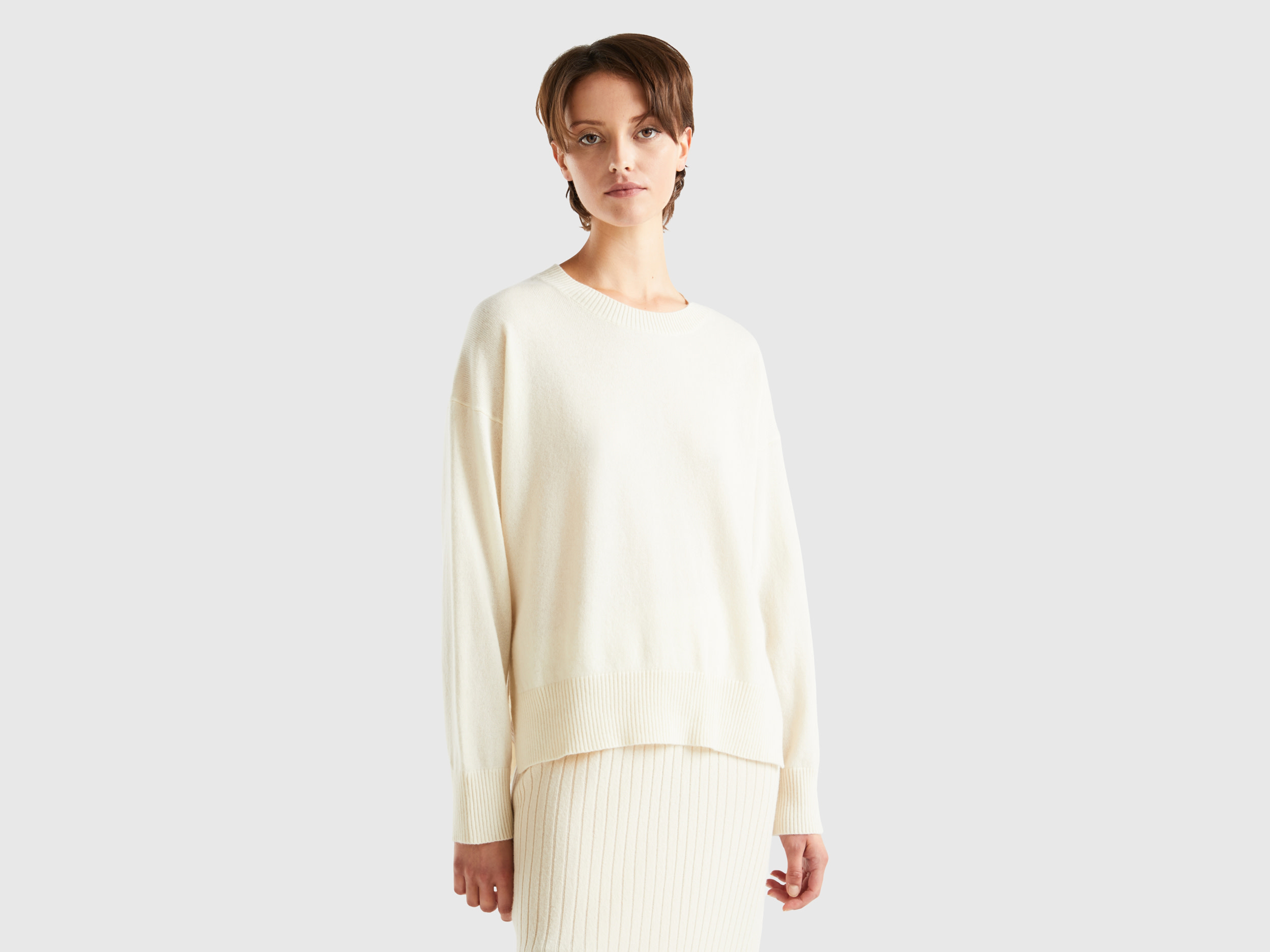 Benetton, Cream White Sweater In 100% Cashmere, size XS-S, Creamy White, Women