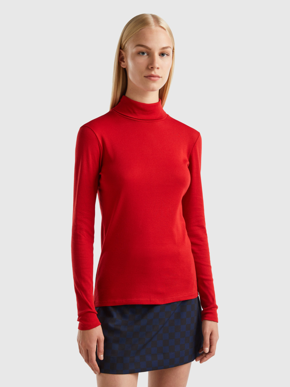 Benetton, T-shirt Mit Langen Ärmeln Und Hohem Kragen, Rot, female