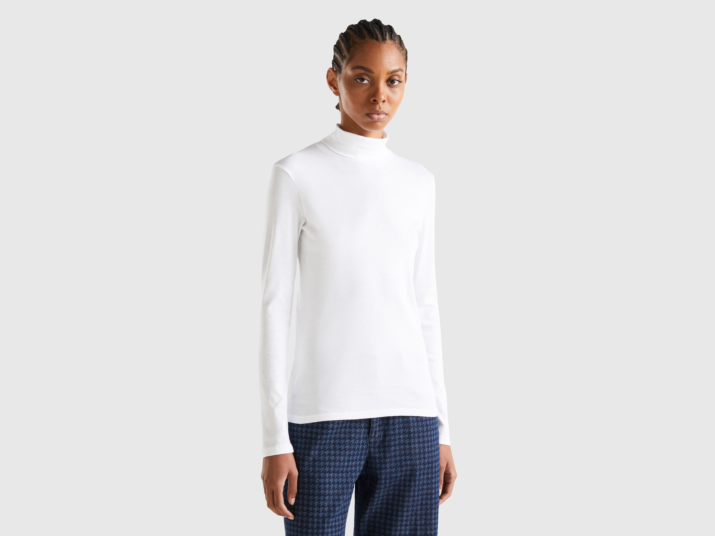 Benetton, Long Sleeve T-shirt With High Neck, size XL, White, Women