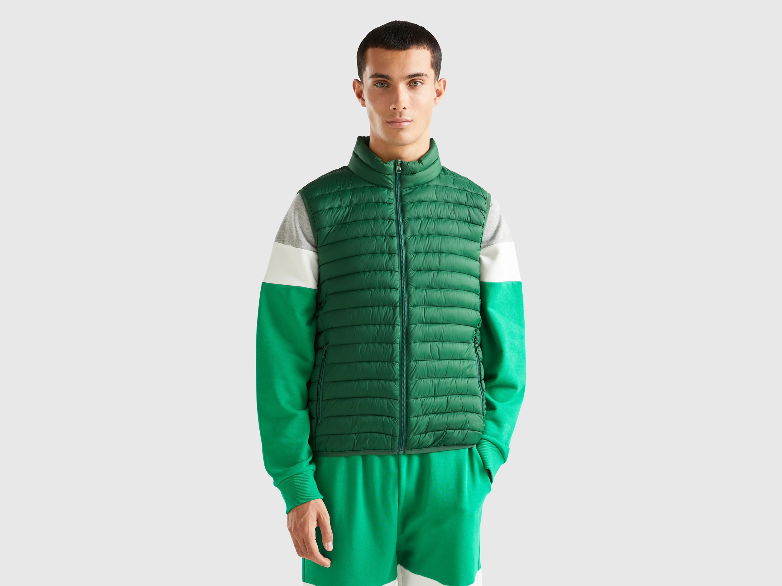 Benetton, Sleeveless Puffer Jacket With Recycled Wadding, size XS, Dark Green, Men