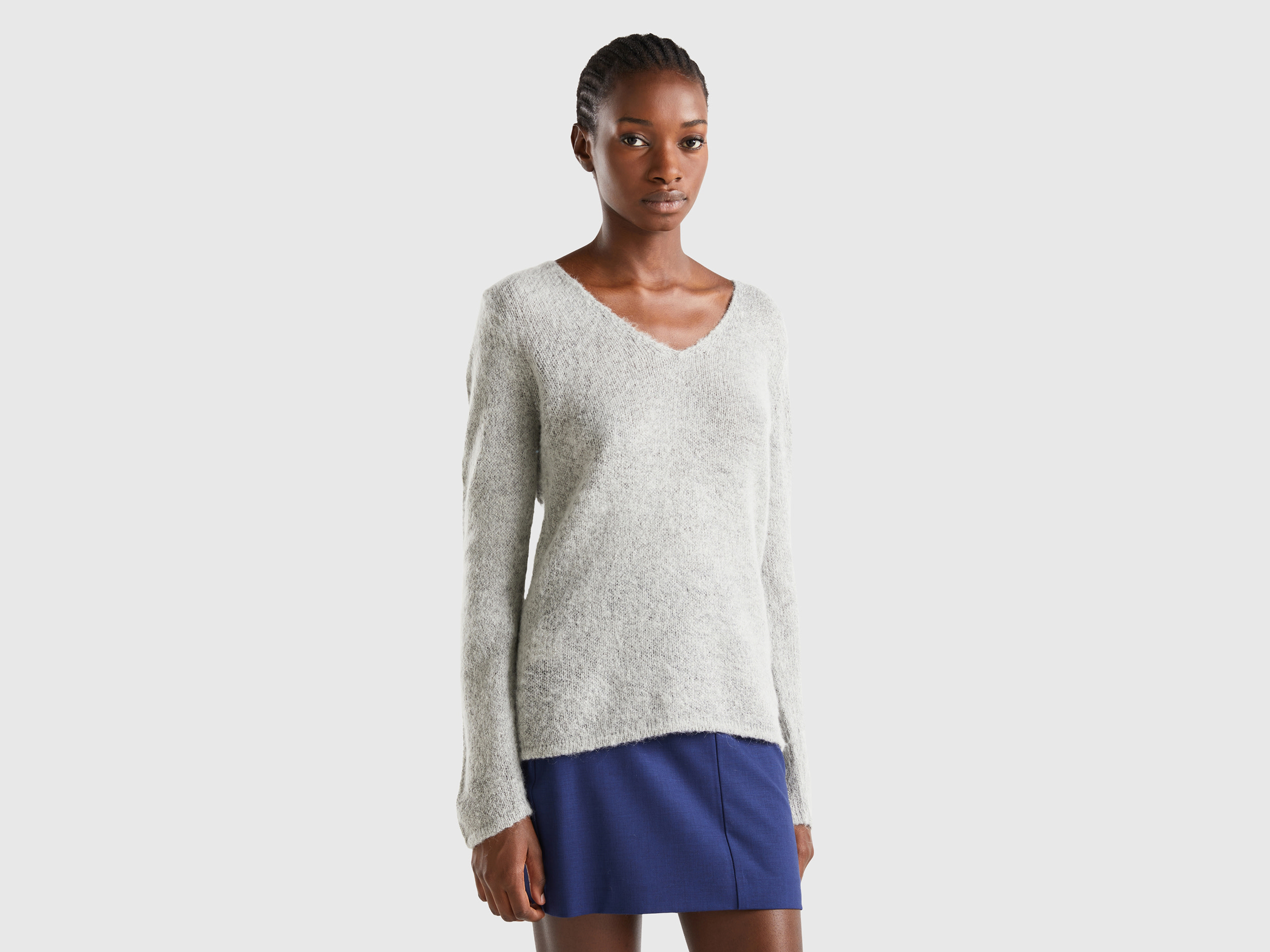 Benetton, Regular Fit Mohair Blend Sweater, size XL, Light Gray, Women