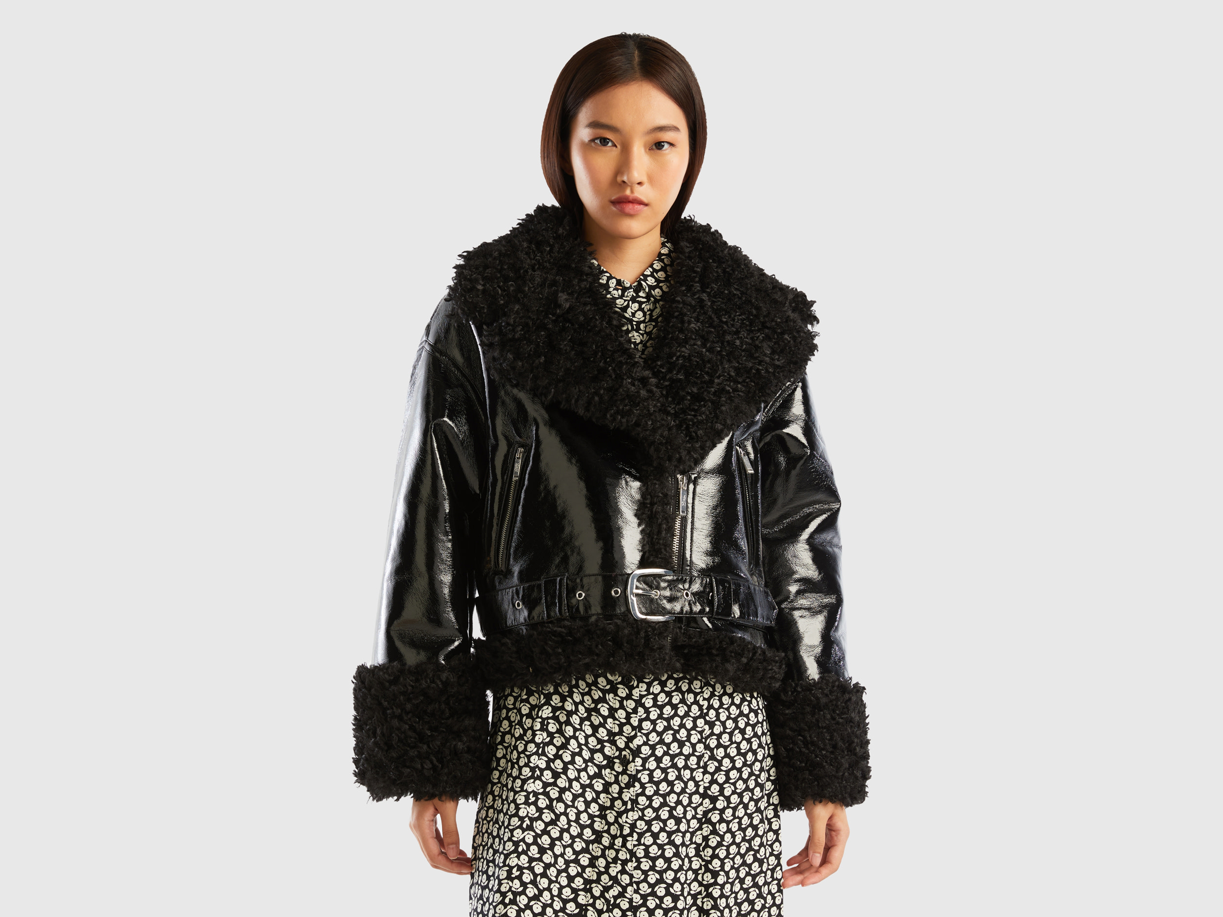Benetton, Biker Jacket In Imitation Leather And Faux Fur, size M, Black, Women