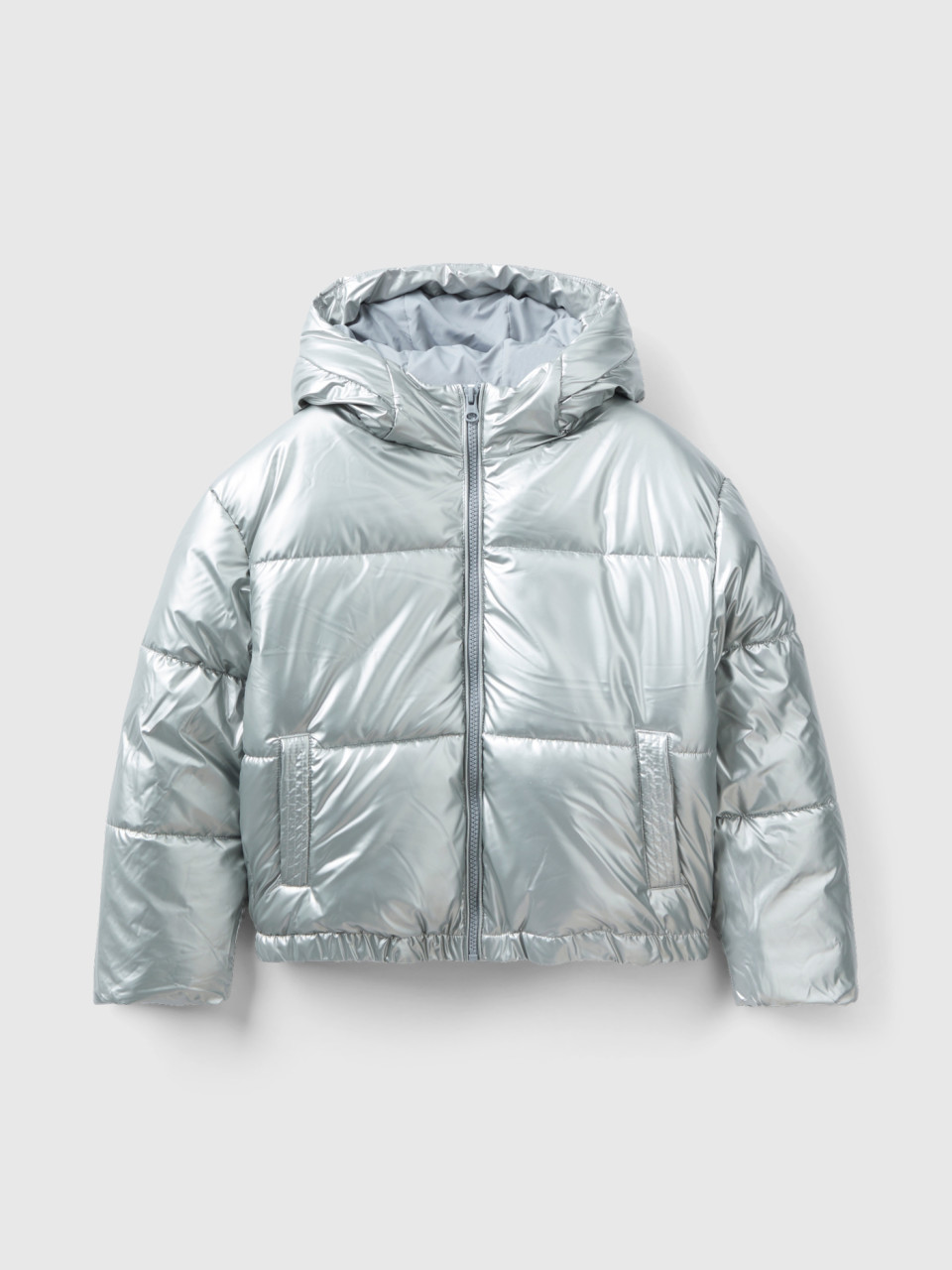 Benetton, Padded Jacket In Glossy Nylon, Silver, Kids