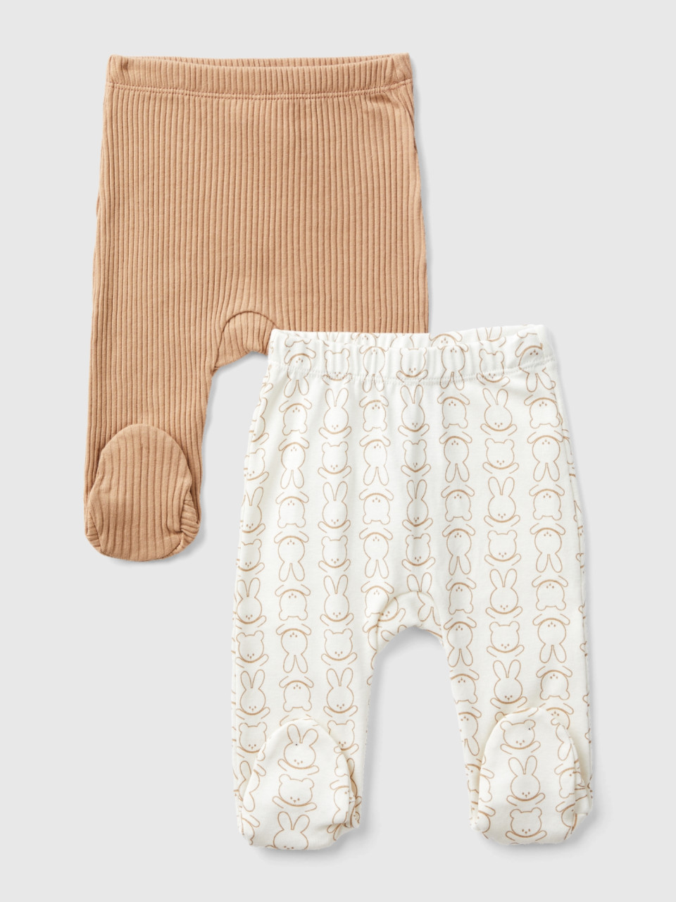 Benetton, Two Pairs Of Stirrup Trousers In Organic Cotton, Beige, Kids
