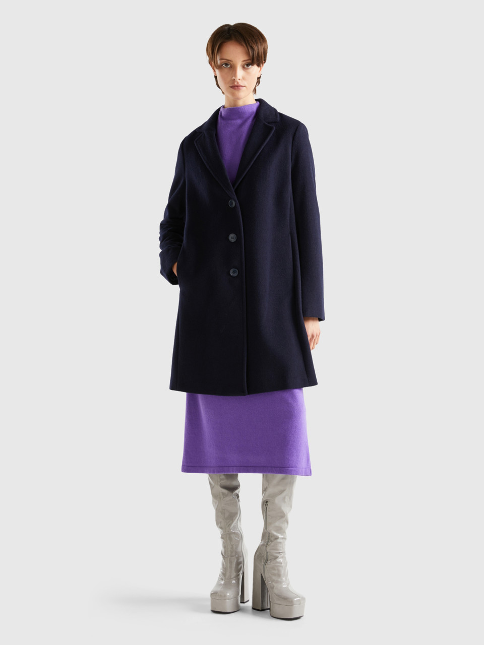 Benetton, Short Coat In Wool Blend Cloth, Dark Blue, Women