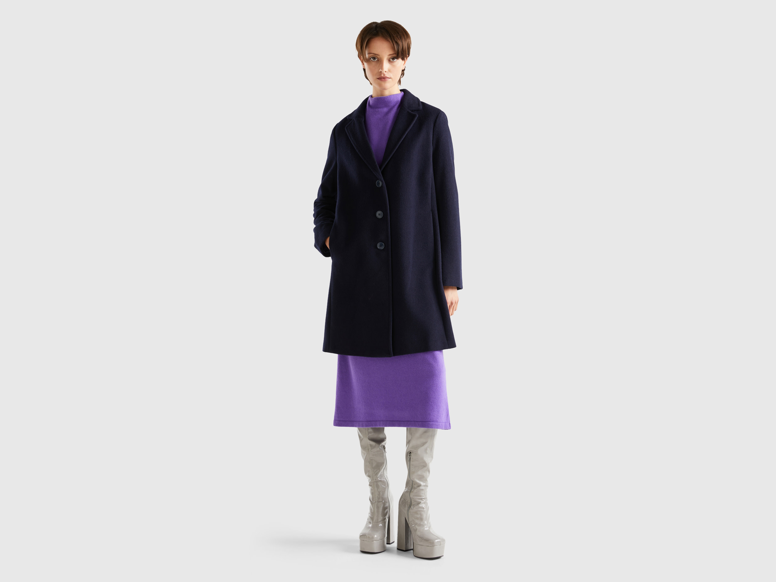Benetton, Short Coat In Wool Blend Cloth, size 8, Dark Blue, Women