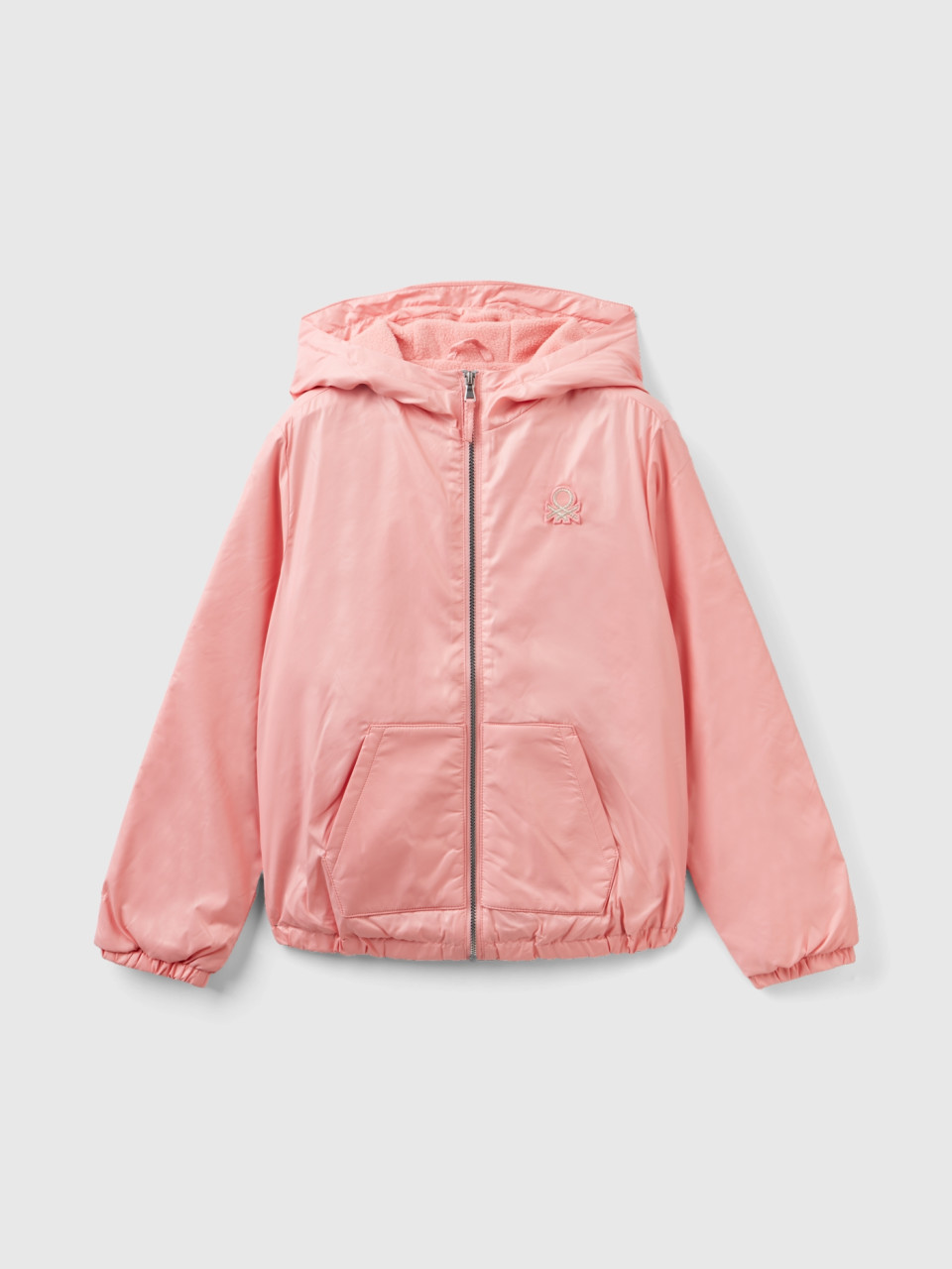 Benetton, Glossy Jacket With Zip And Hood, Pink, Kids