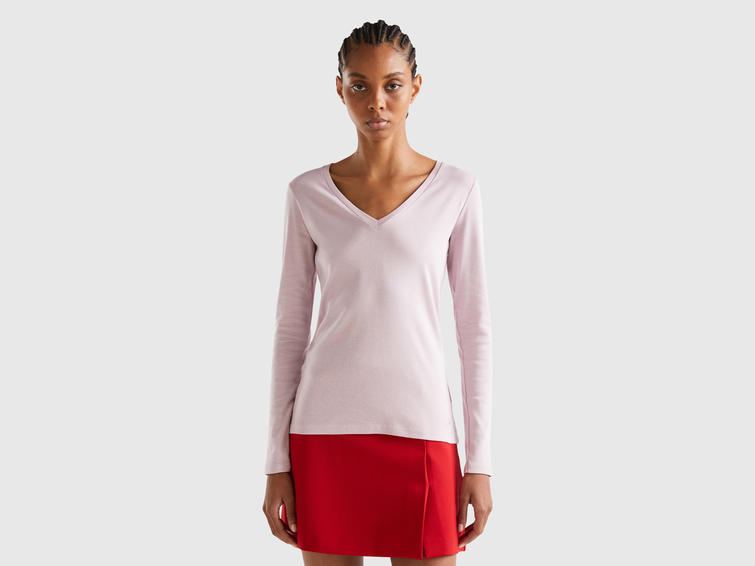 Benetton, Long Sleeve T-shirt With V-neck, size L, Soft Pink, Women