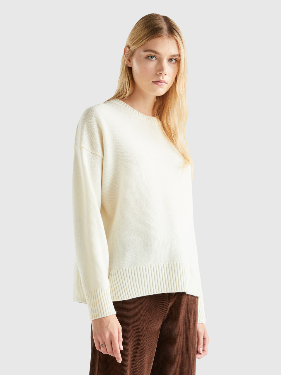 Benetton, Boxy Fit Sweater In Wool Blend, Creamy White, Women
