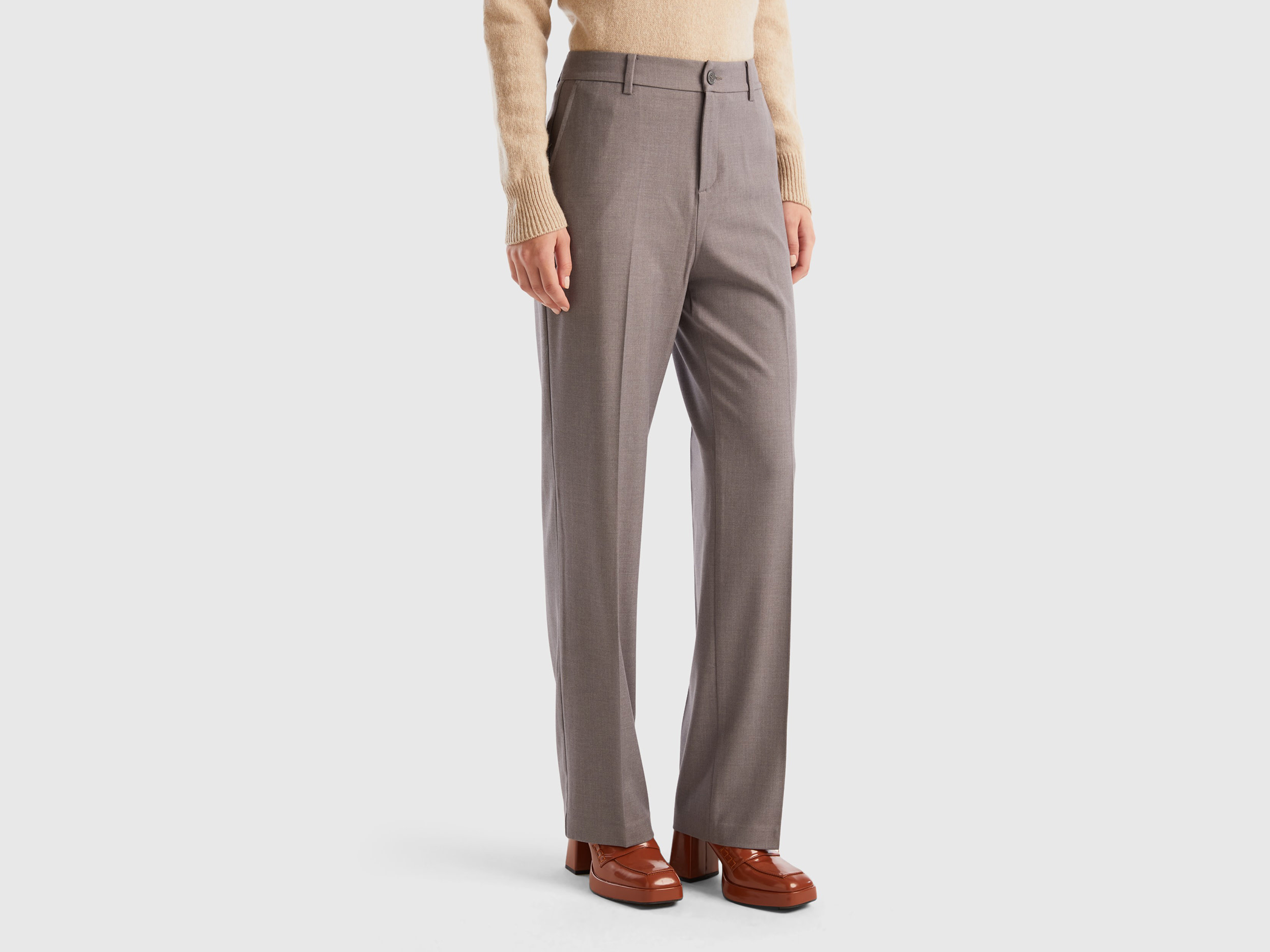 Benetton, Warm Flannel Trousers, size 14, Gray, Women