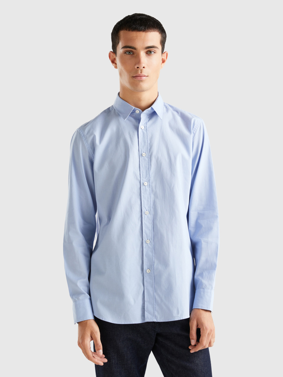 Benetton, Regular Fit Shirt With Micro Pattern, Sky Blue, Men