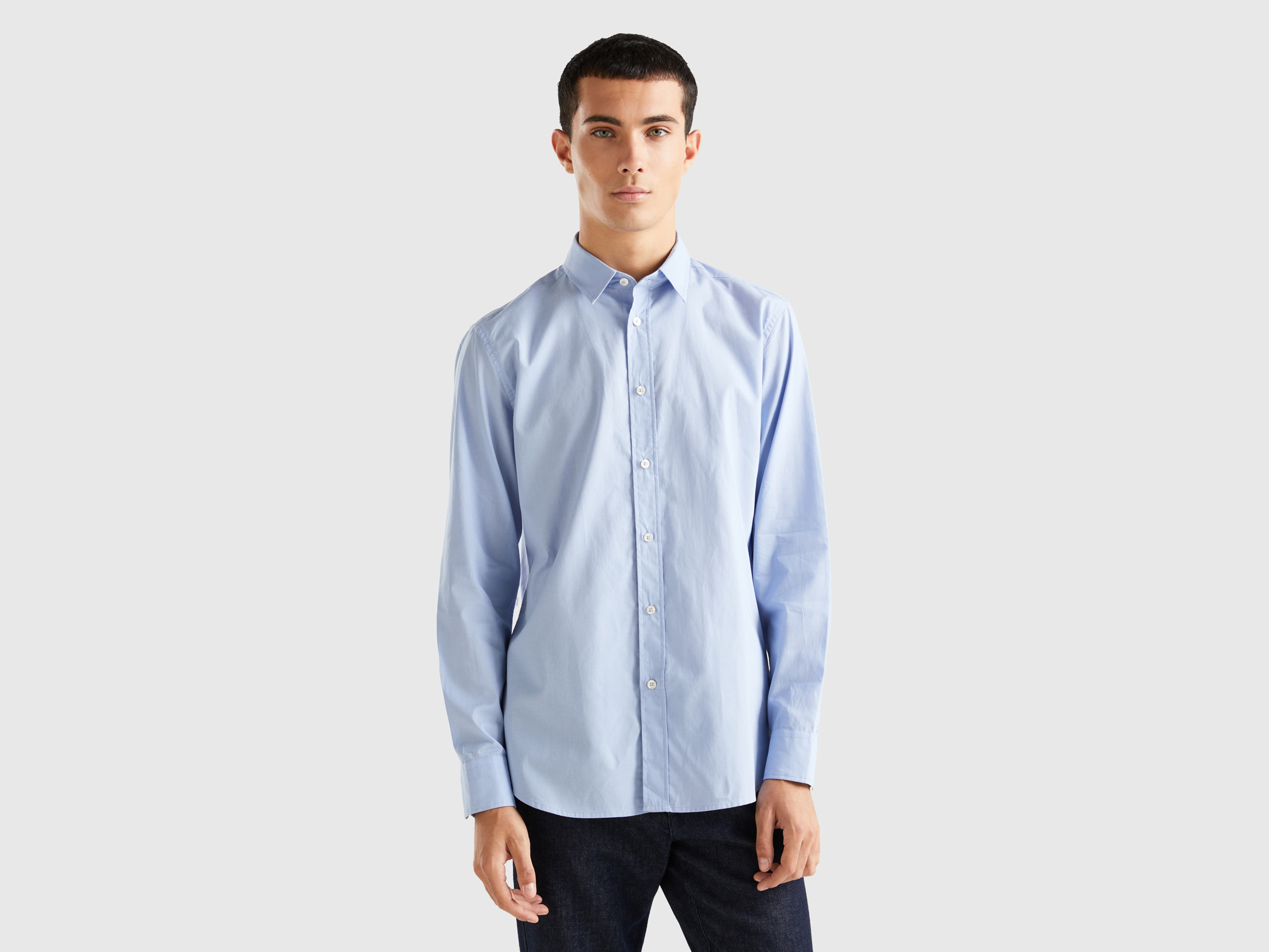 Benetton, Regular Fit Shirt With Micro Pattern, size XS, Sky Blue, Men