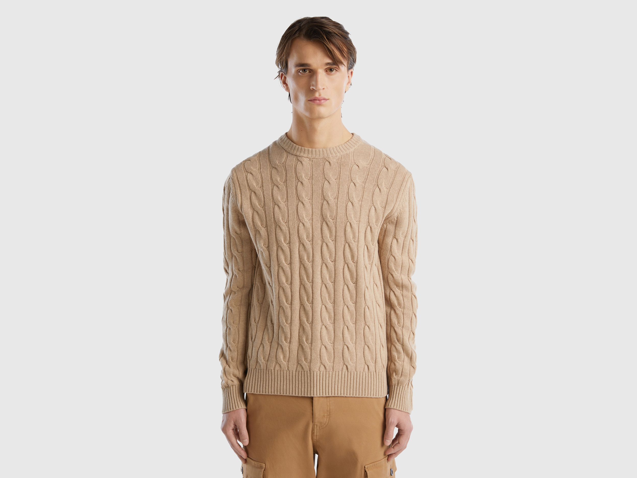 Benetton, Cable Knit Sweater In Cashmere Blend, size XXL, Beige, Men