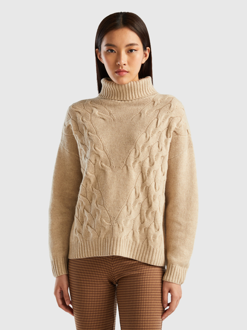 Benetton, Turtleneck With Cables, Beige, Women