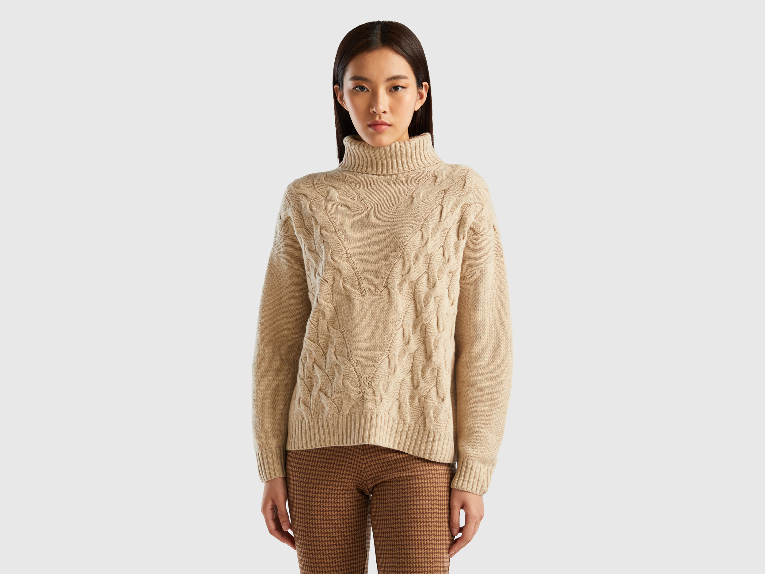 Benetton, Turtleneck With Cables, size M, Beige, Women