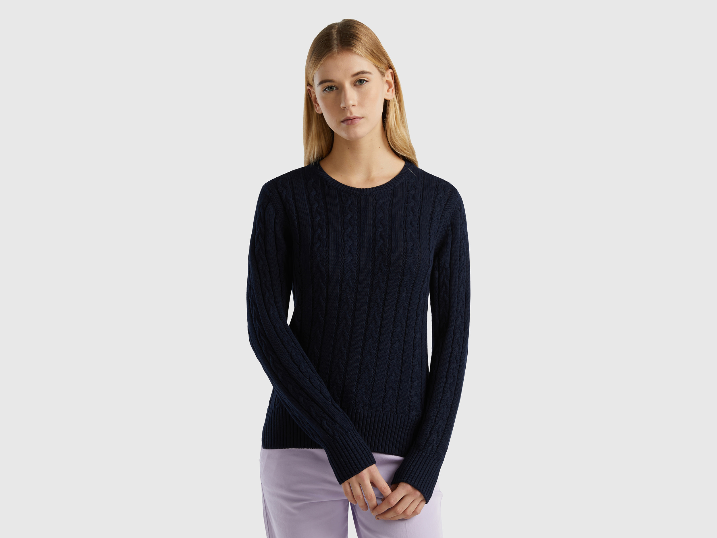 Benetton, Cable Knit Sweater 100% Cotton, size M, Dark Blue, Women