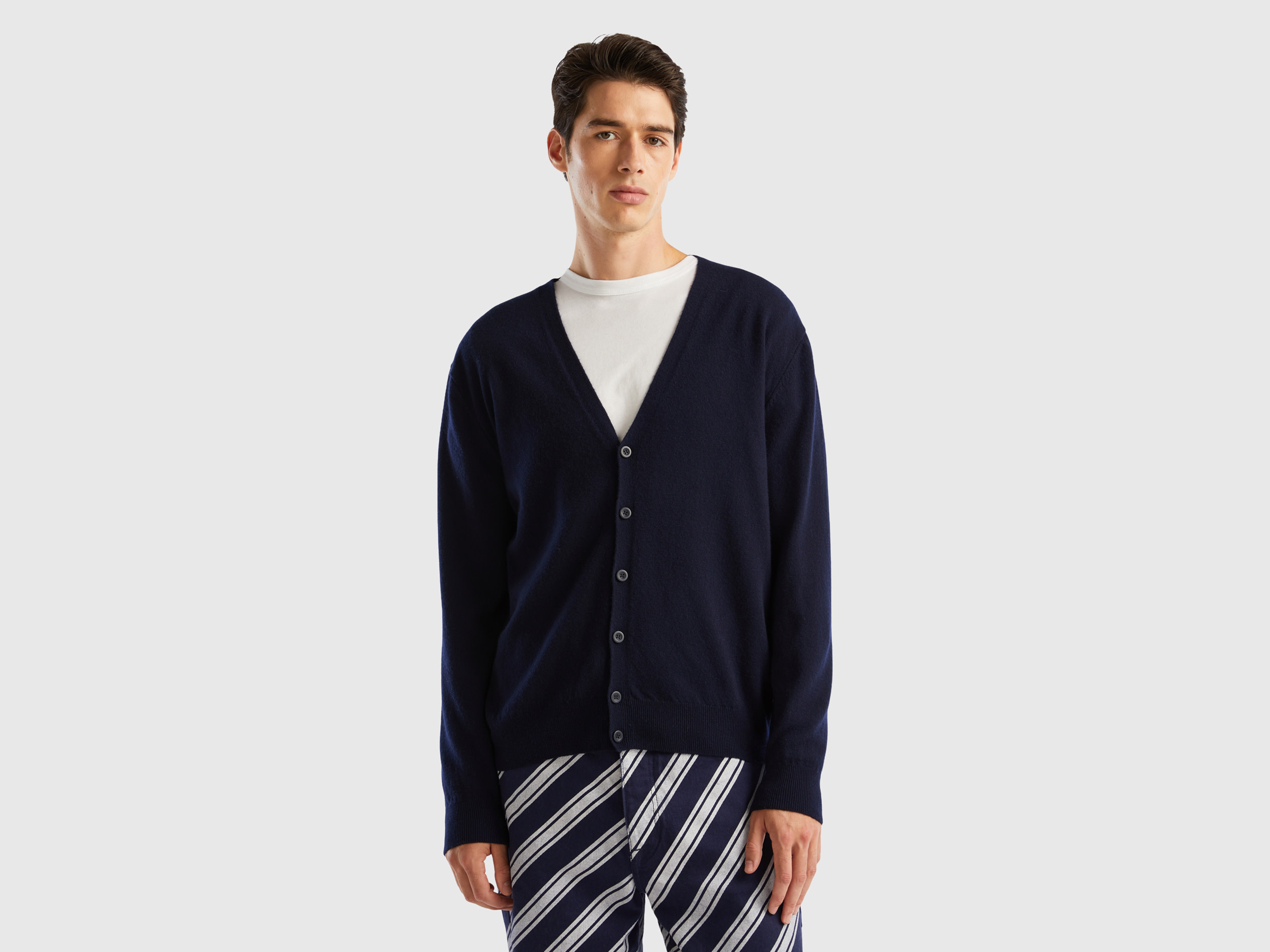 Benetton, Dark Blue V-neck Cardigan In Pure Merino Wool, size XL, Dark Blue, Men