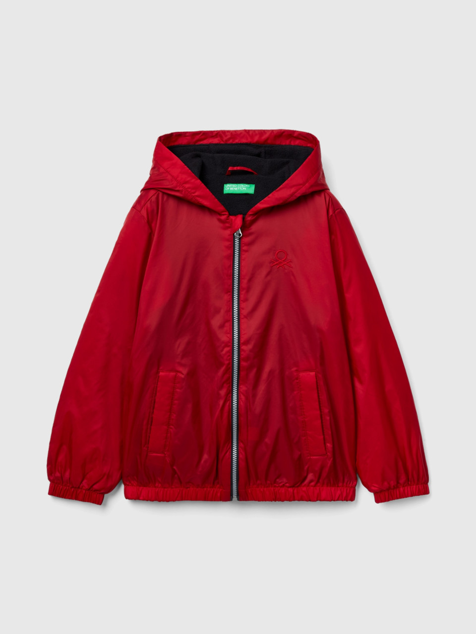 Benetton, Nylon Jacket With Zip And Hood, Red, Kids