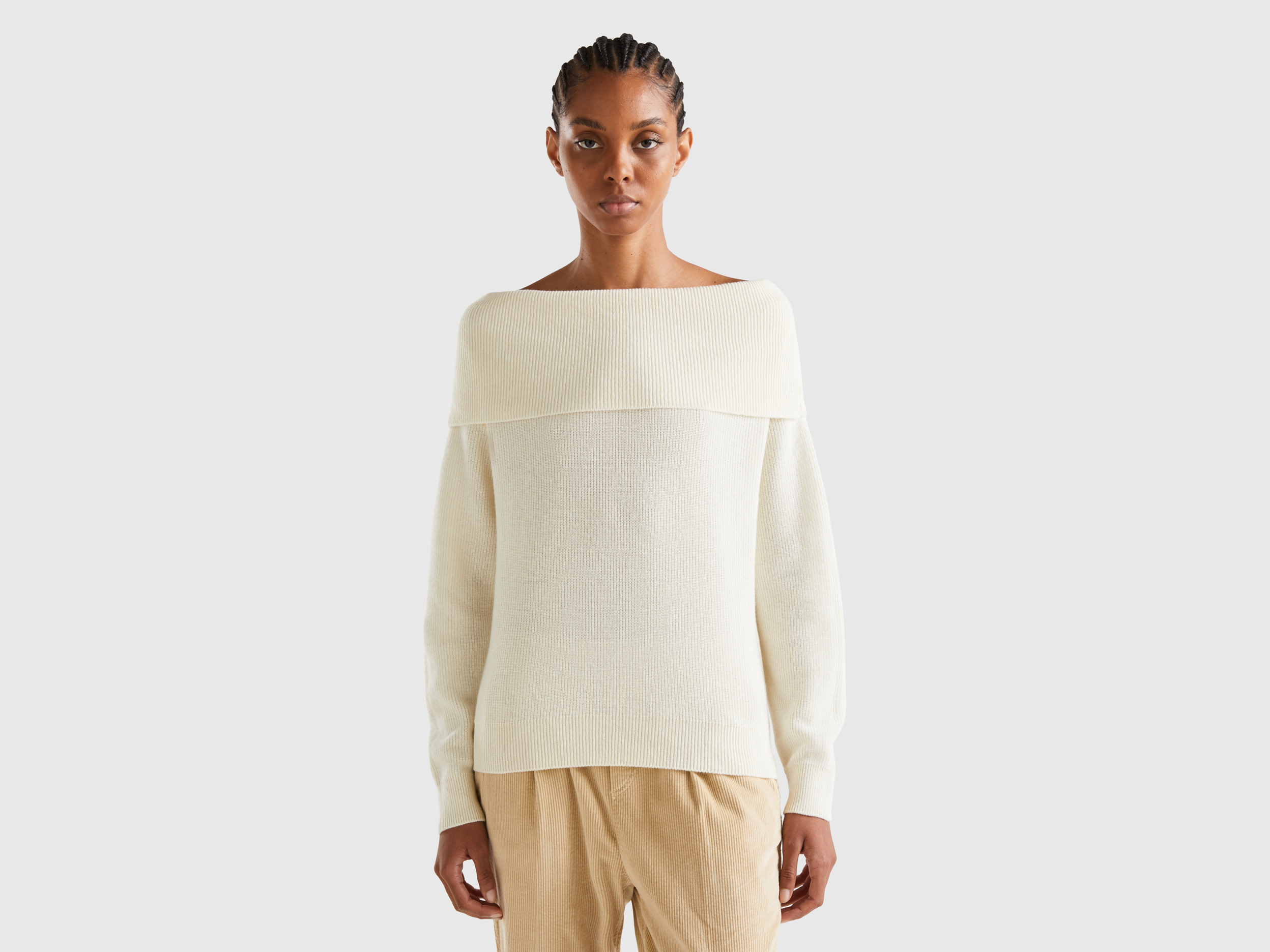 Benetton, Sweater With Bare Shoulders, size L-XL, Creamy White, Women