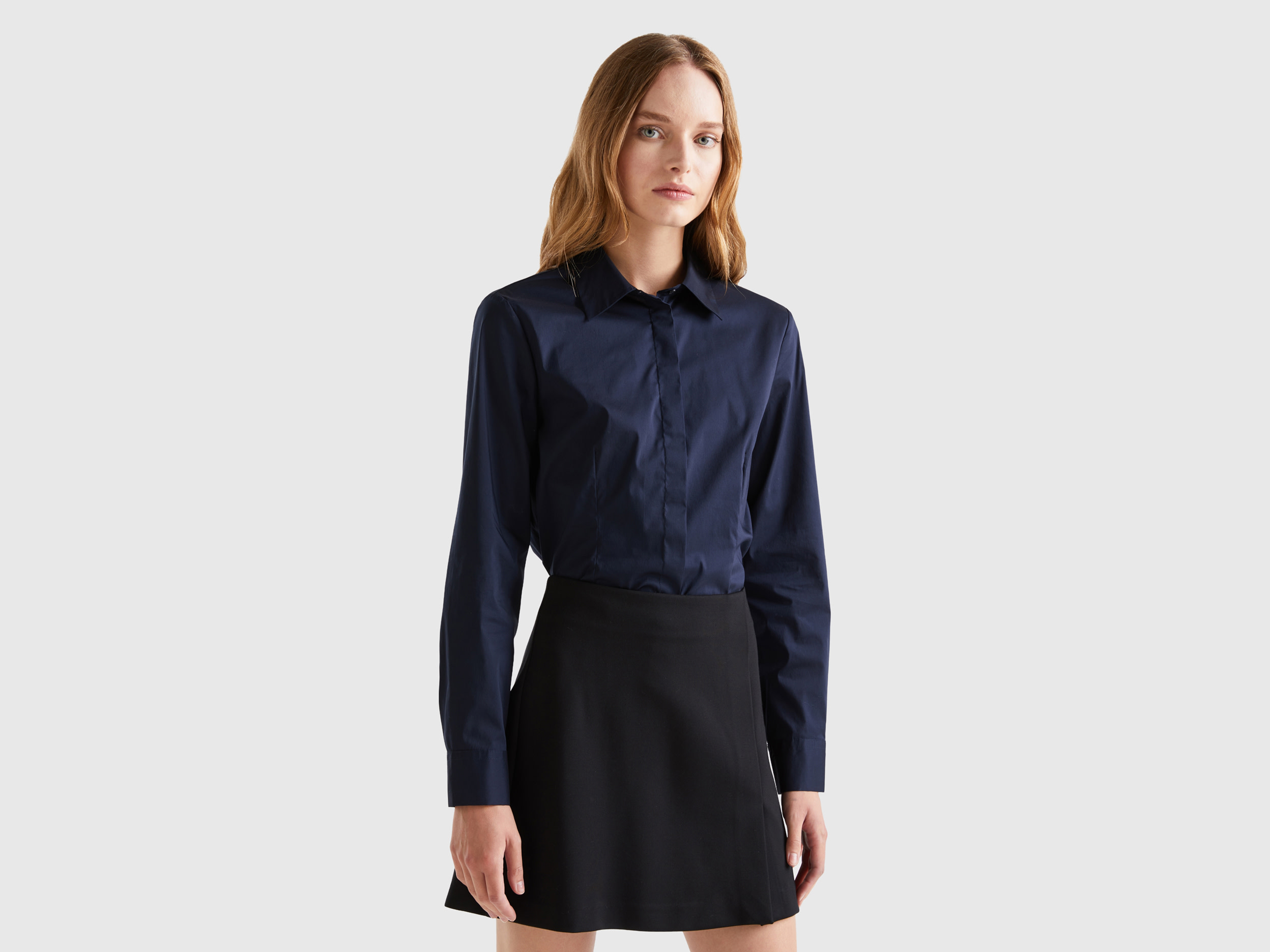 Benetton, Shirt In Stretch Cotton Blend, size S, Dark Blue, Women