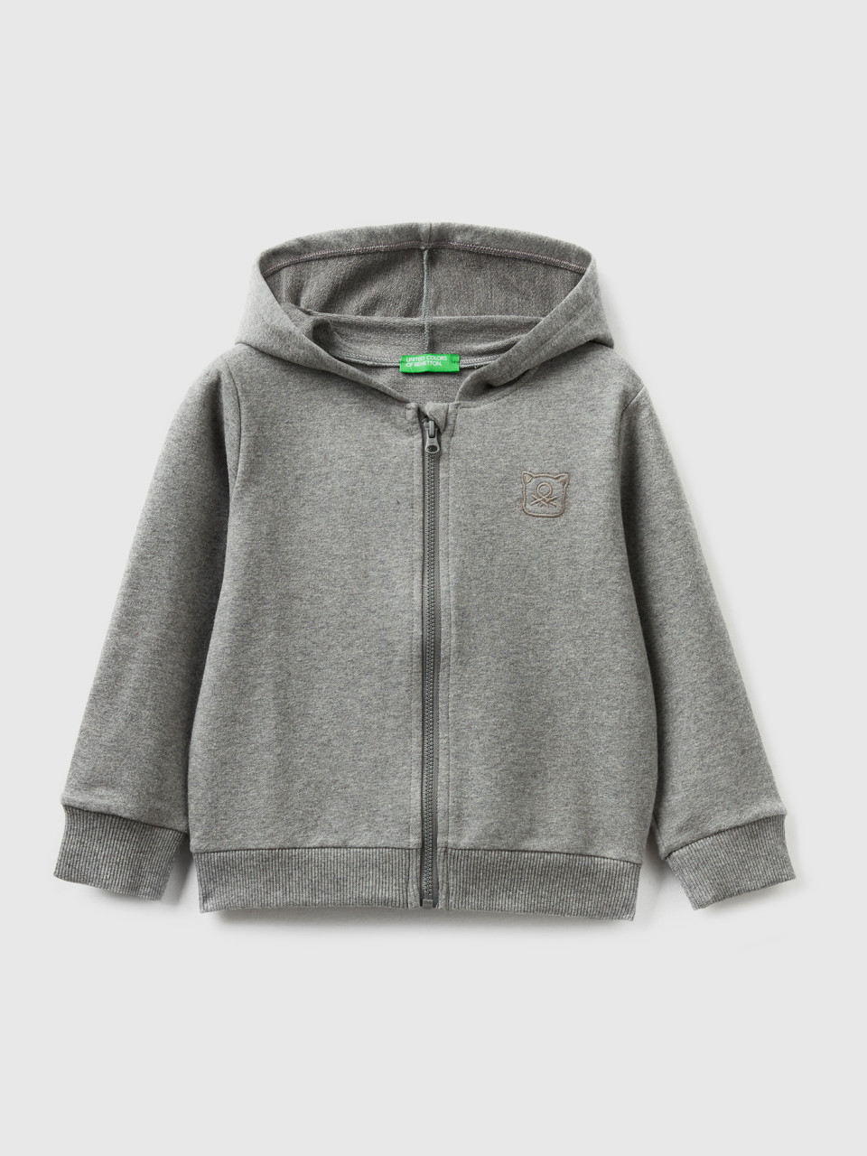 Benetton, Warm Sweatshirt With Zip And Embroidered Logo, Dark Gray, Kids