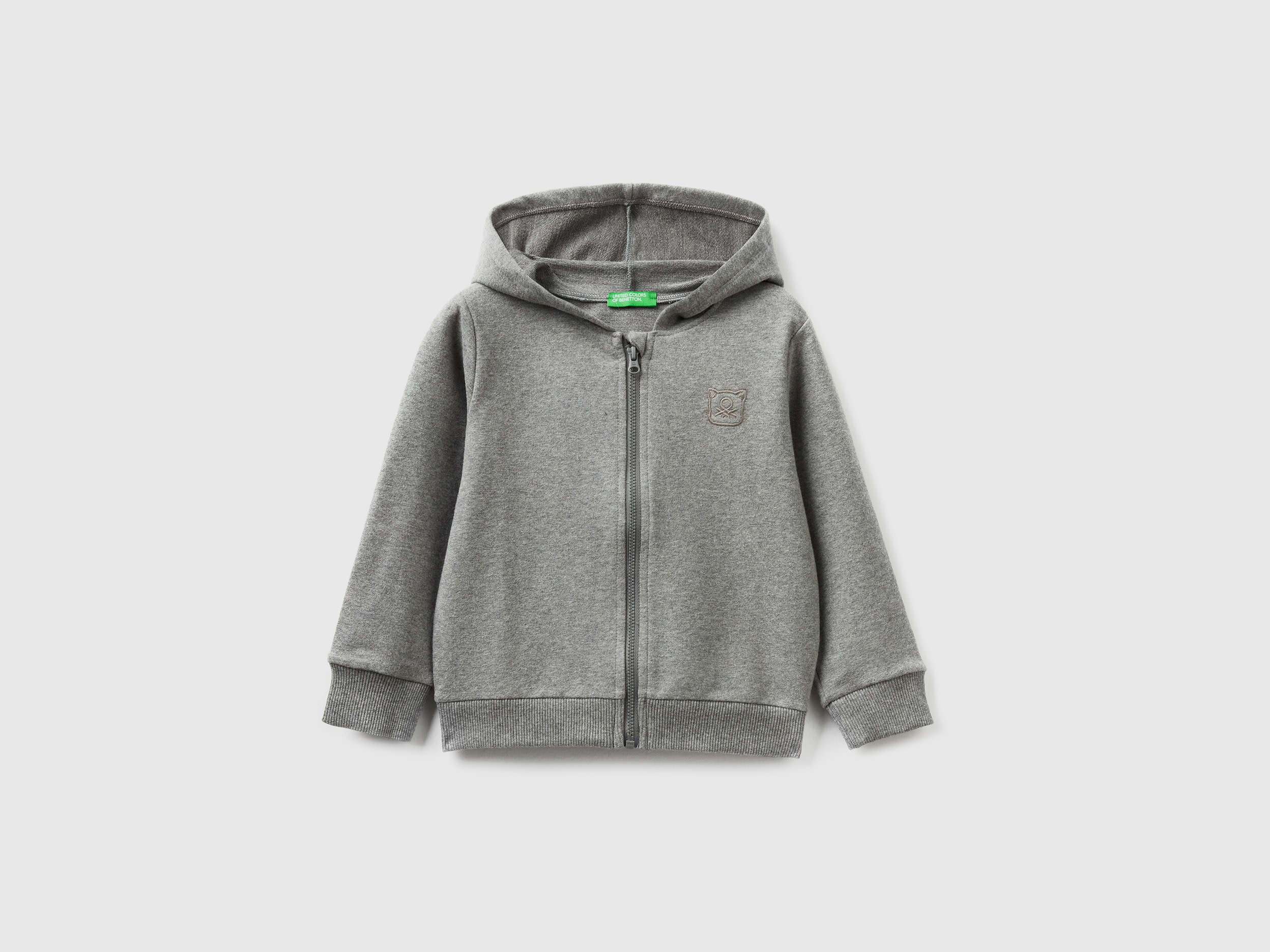 Benetton, Warm Sweatshirt With Zip And Embroidered Logo, size 12-18, Dark Gray, Kids
