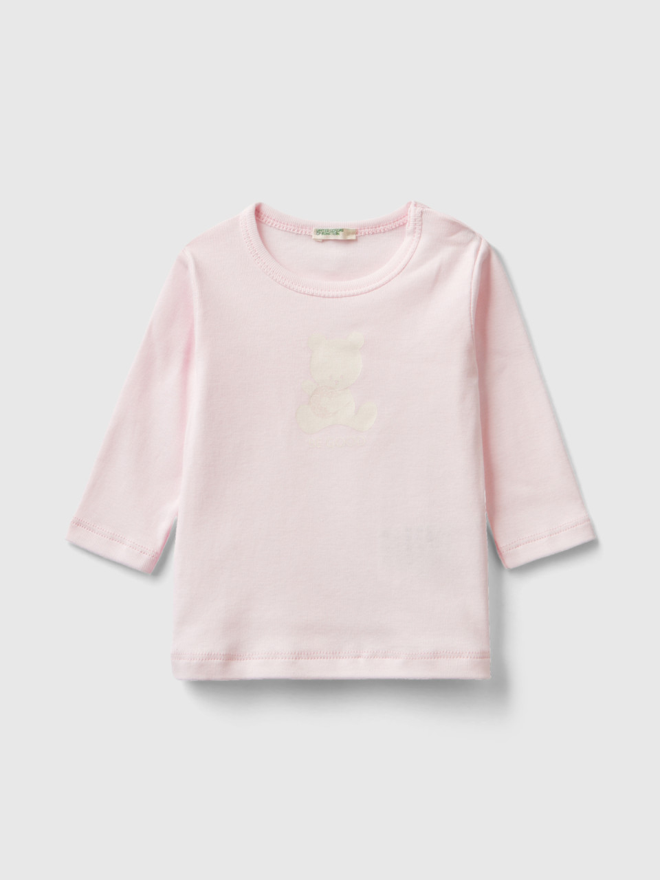 Benetton, T-shirt 100 % Coton Bio À Manches Longues, Rose Pâle, Enfants