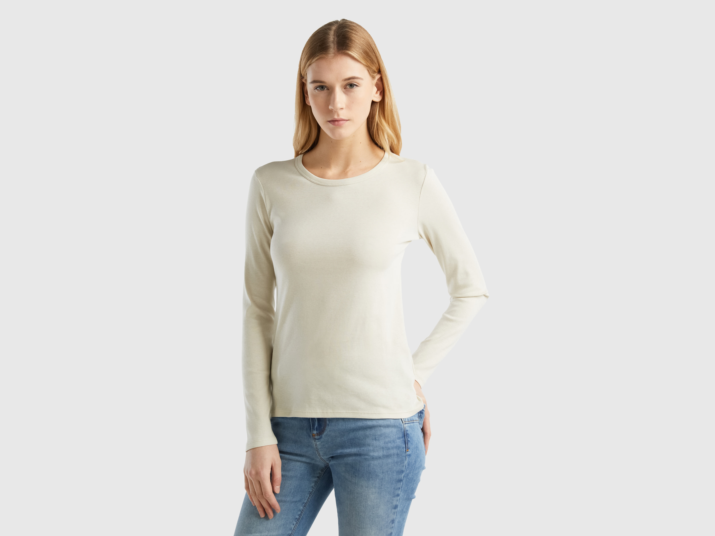 Benetton, Long Sleeve Pure Cotton T-shirt, size XXS, Beige, Women
