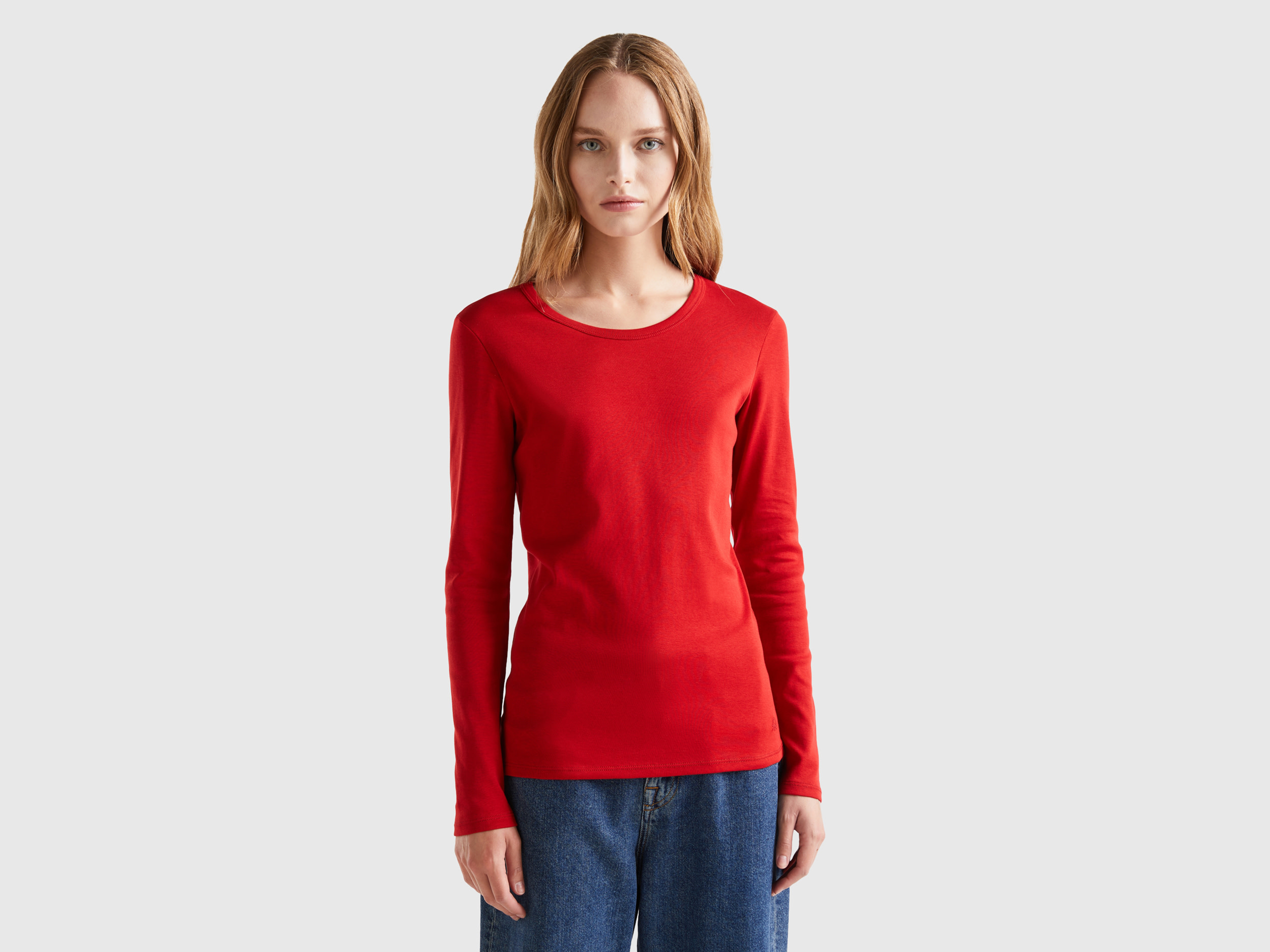 Benetton, Long Sleeve Pure Cotton T-shirt, size S, Red, Women
