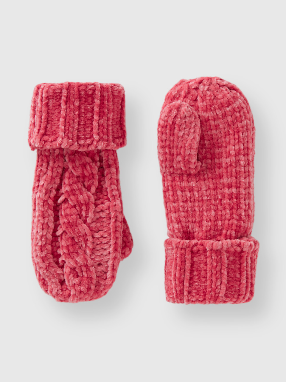 Benetton, Chenille Gloves With Cable Knit, Pink, Kids