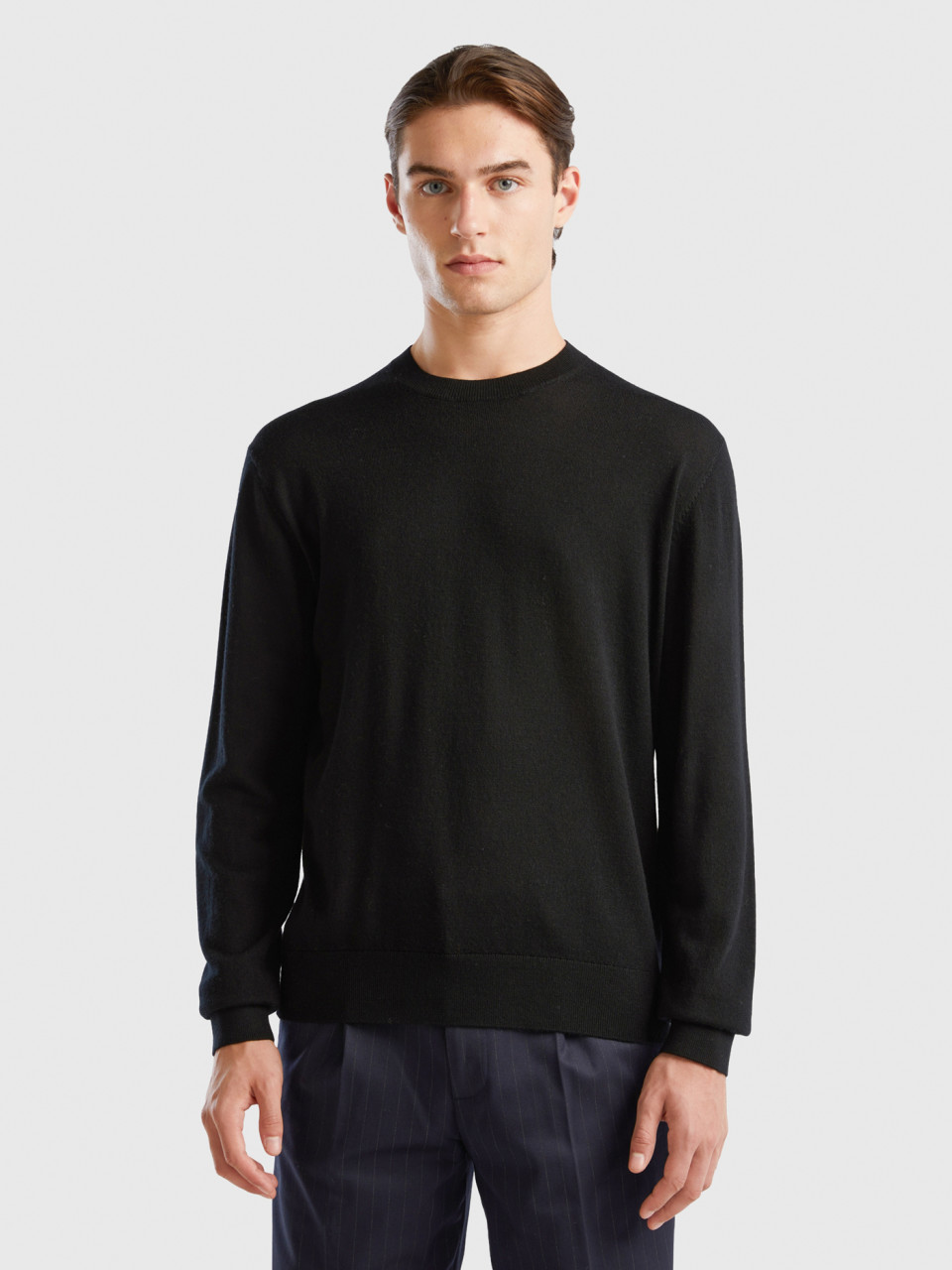 Benetton, Black Sweater In Pure Merino Wool, Black, Men
