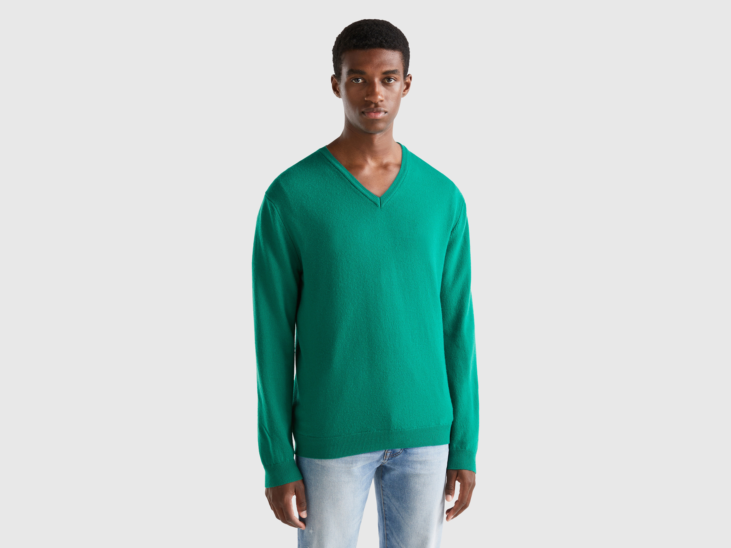 Benetton, Green V-neck Sweater In Pure Merino Wool, size M, Green, Men