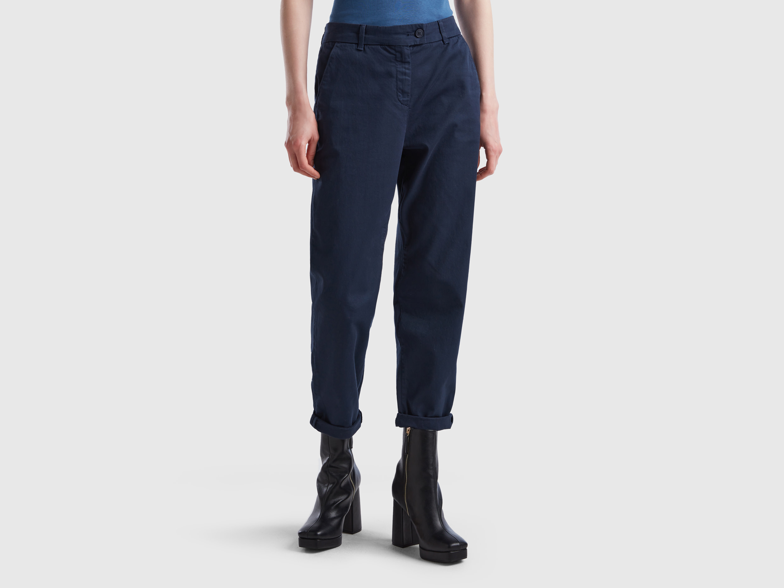 Benetton, Stretch Cotton Chino Trousers, size 8, Dark Blue, Women