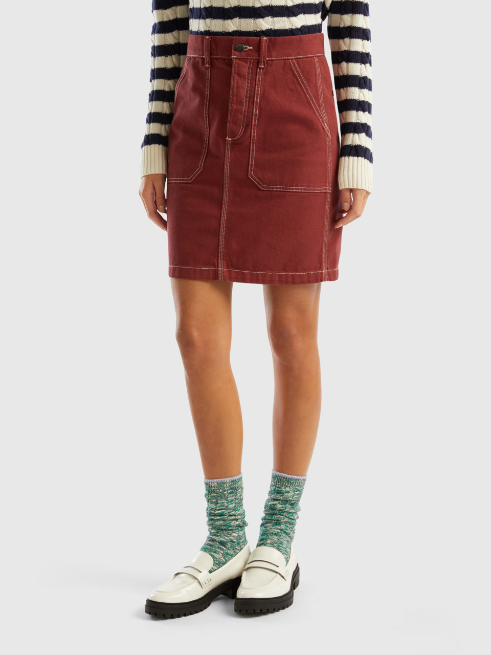 Benetton, Mini Skirt In Cotton Canvas, Burgundy, Women